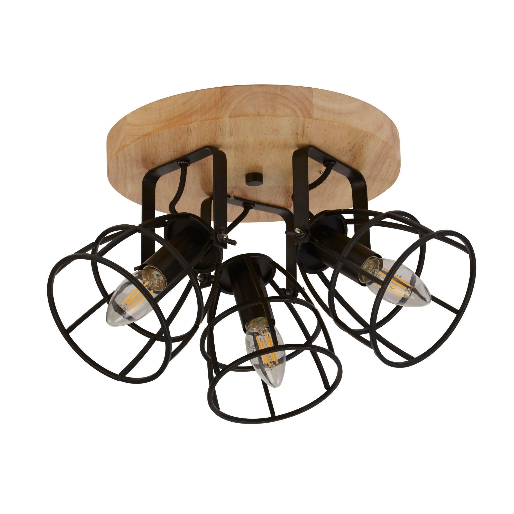 Searchlight Vision 3 Light Round Black & Wood Ceiling Light