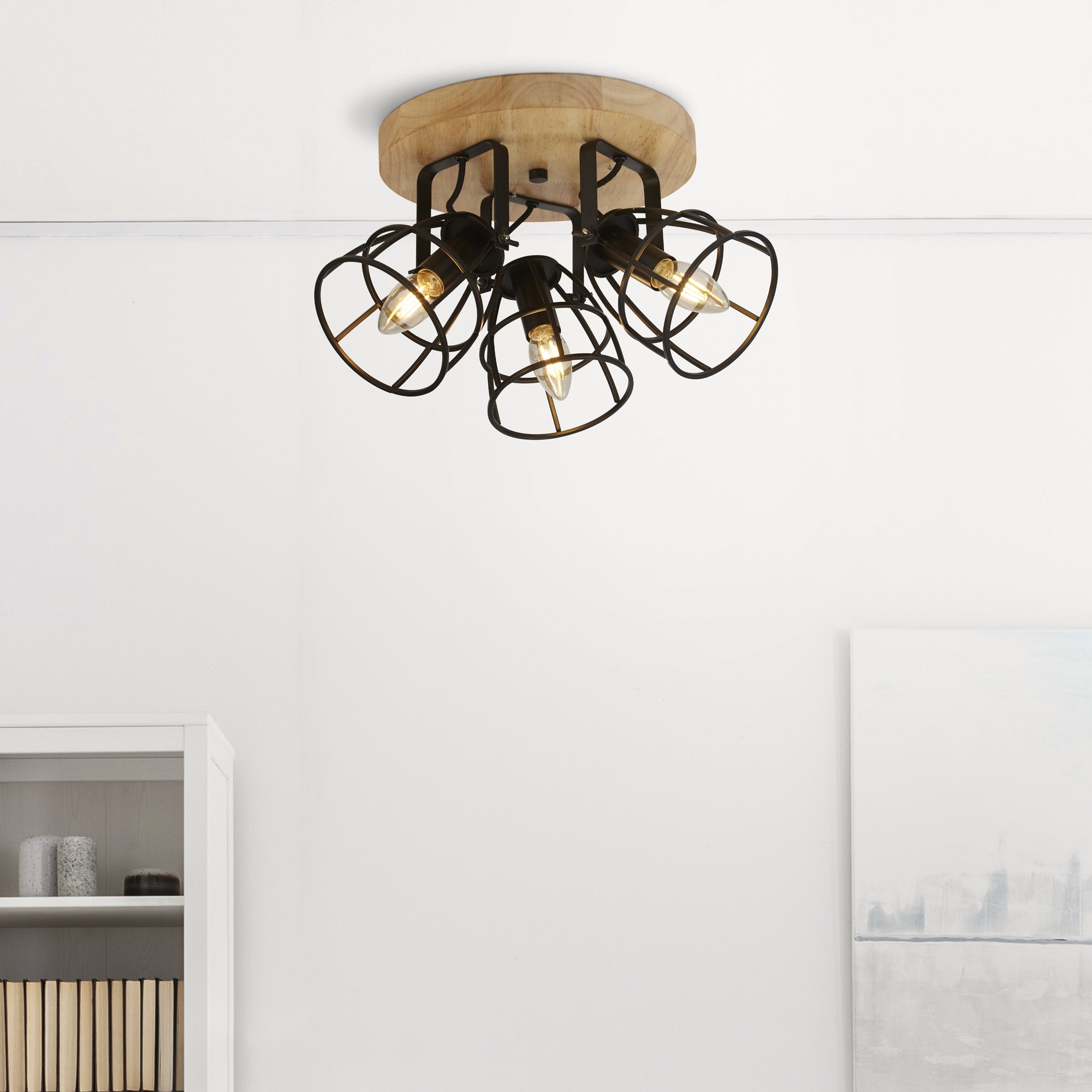 Searchlight Vision 3 Light Round Black & Wood Ceiling Light
