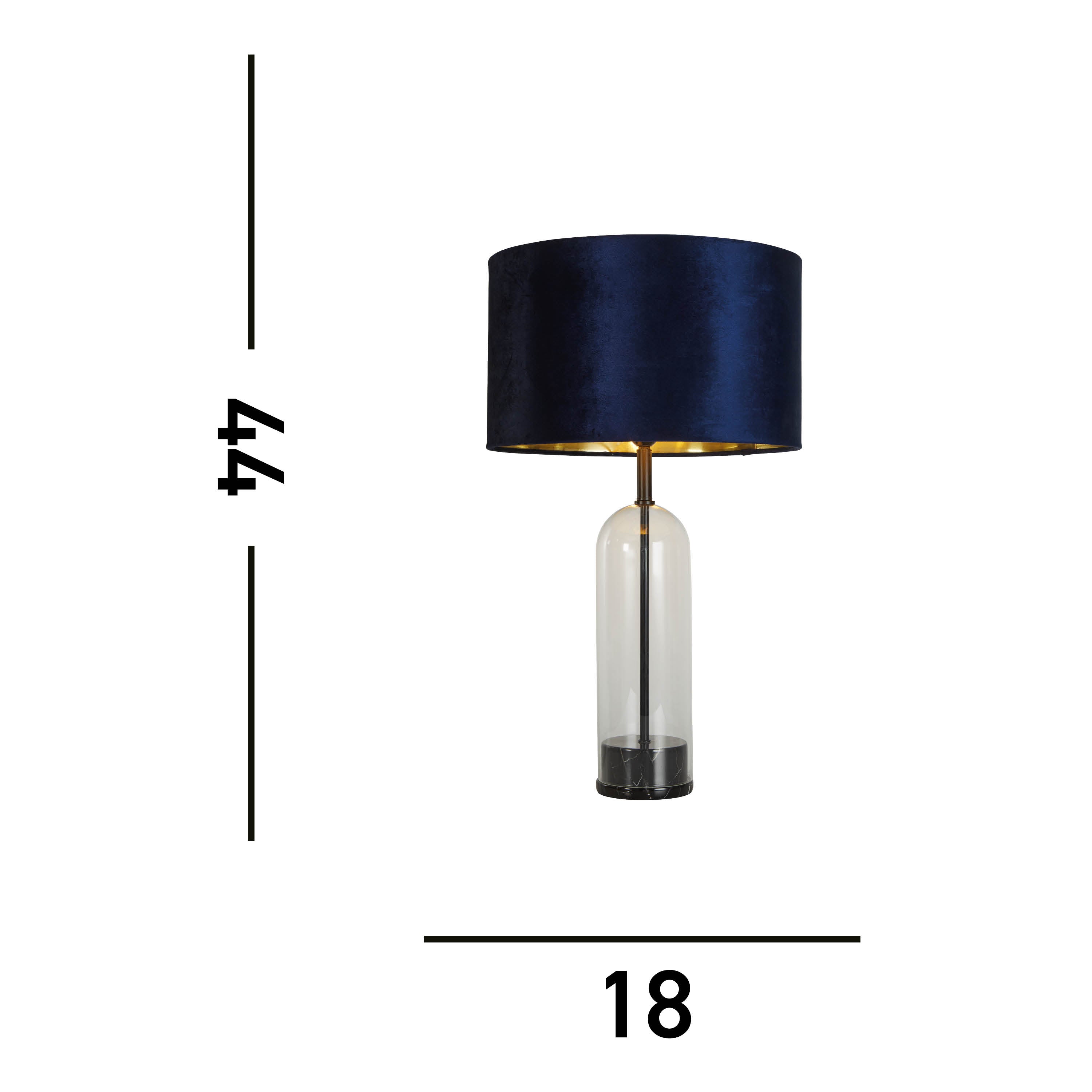 Oxford Table Lamp- Glass, Black Metal, Marble & Navy Velvet