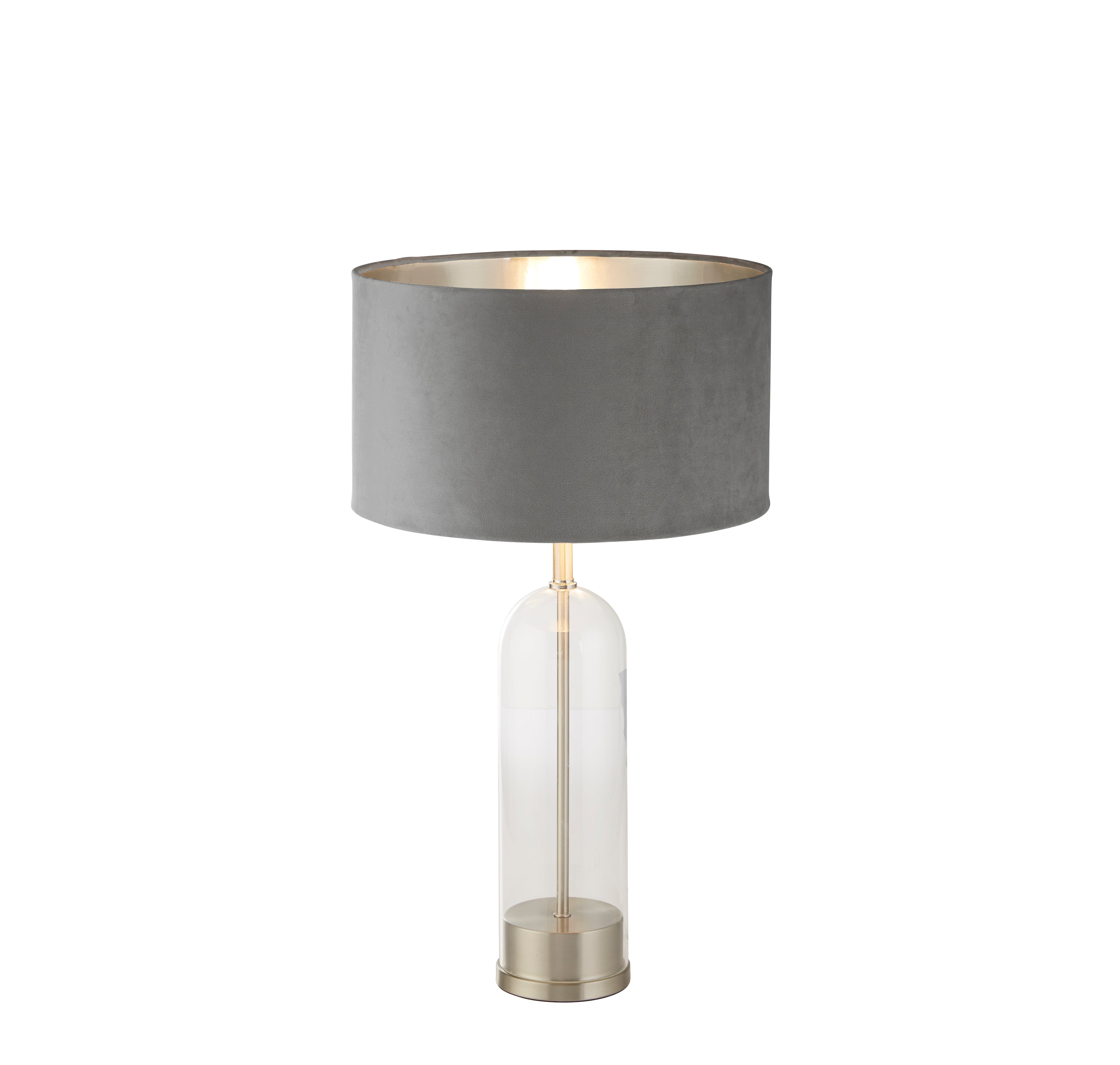 Oxford Table Lamp - Glass, Satin Nickel & Grey Velvet Shade