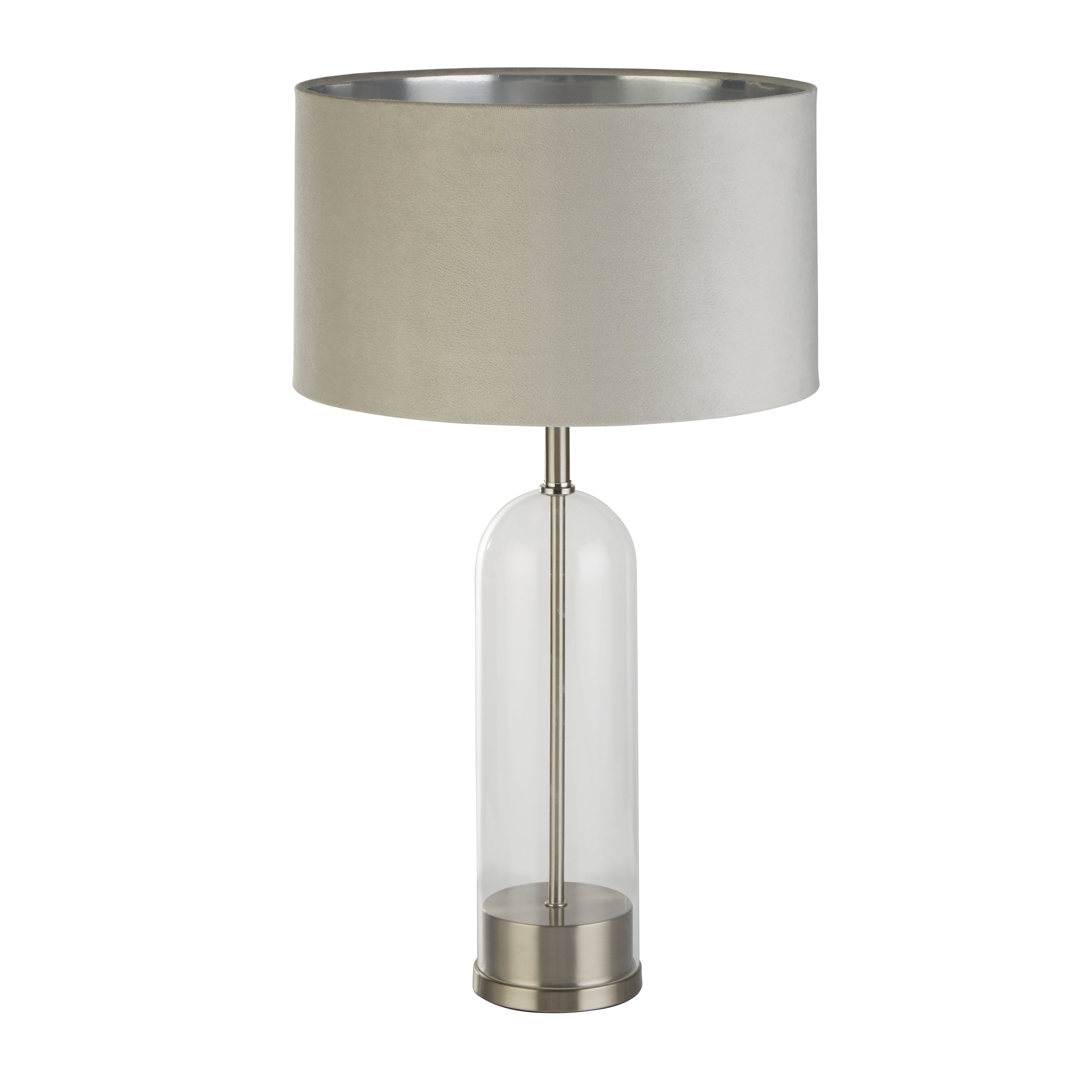 Oxford Table Lamp - Glass, Satin Nickel & Grey Velvet Shade