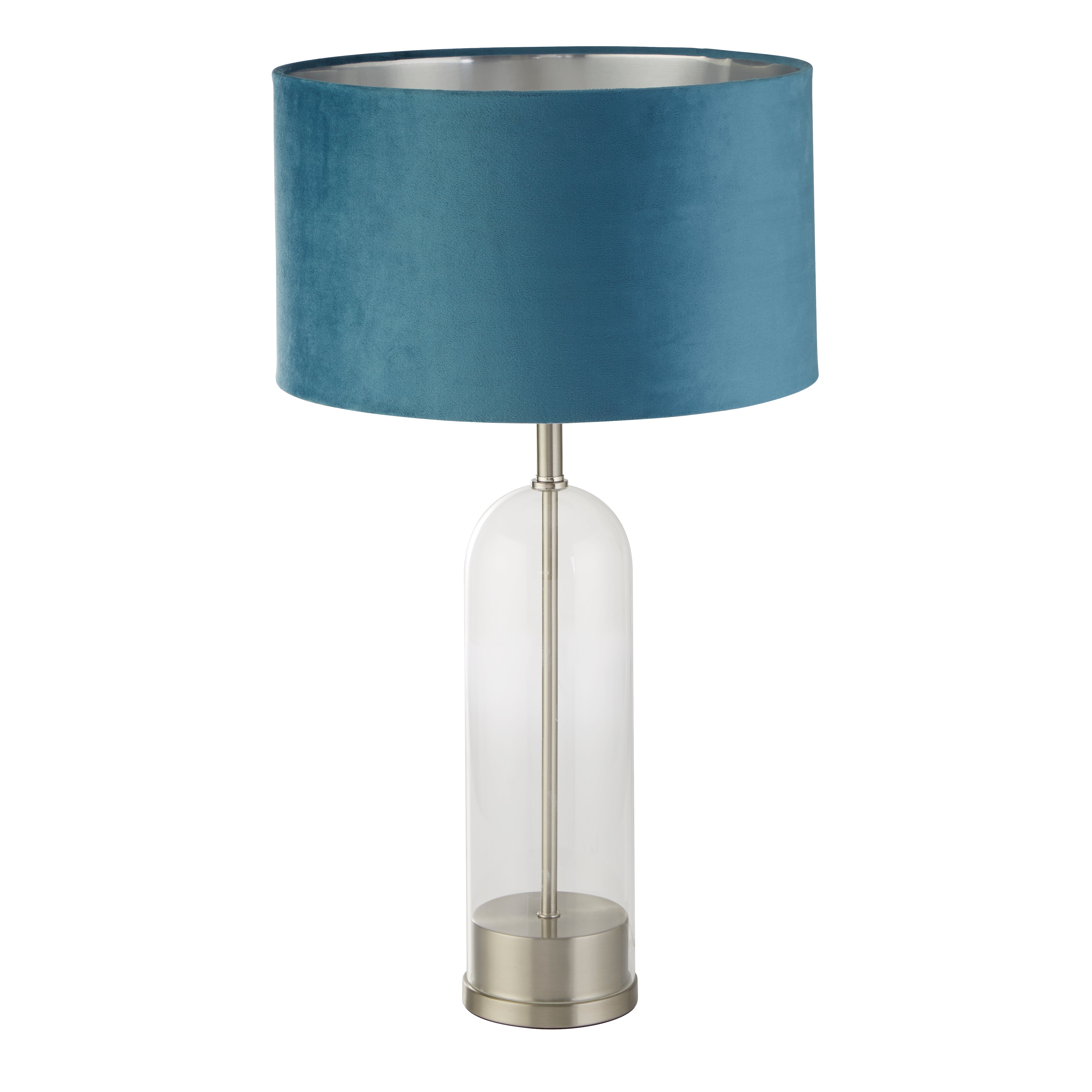 Oxford Table Lamp - Glass, Satin Nickel & Teal Velvet Shade