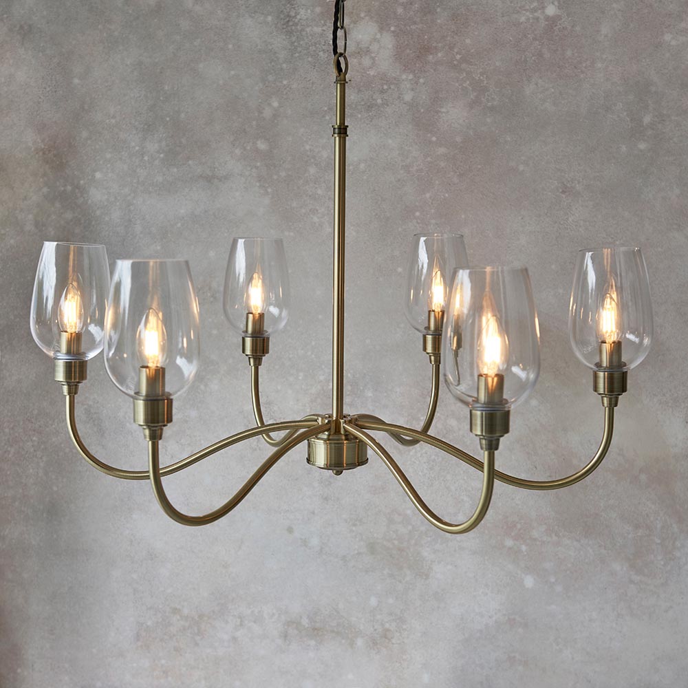 Island 6 Light Brass & Glass Shade Art Deco Pendant-OPEN-BOX-020426