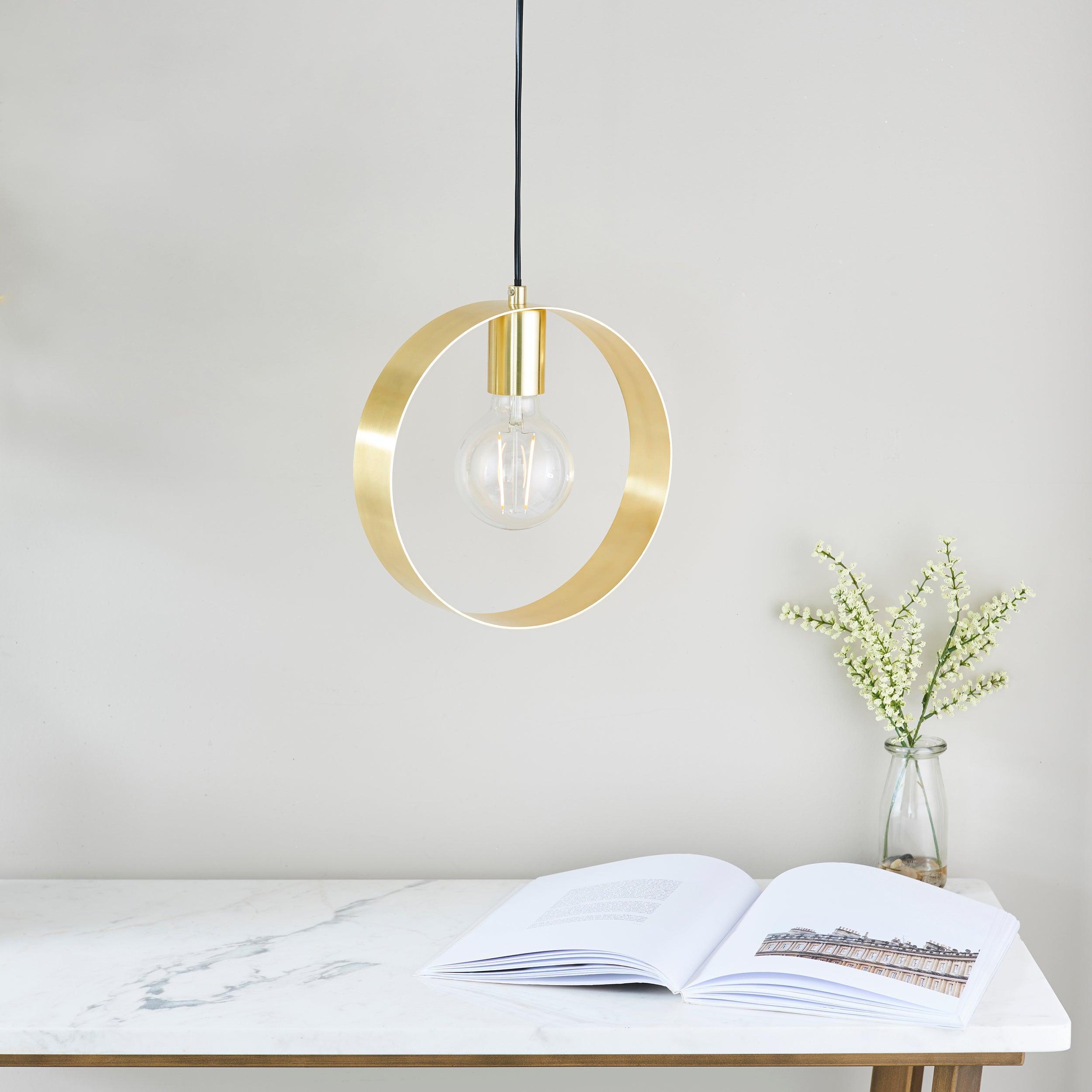 Endon Hoop 1 Light Brass Ceiling Pendant-Ceiling Pendant Lights-Endon Lighting Living Room Close Up Lighting Tiffany Lighting Direct