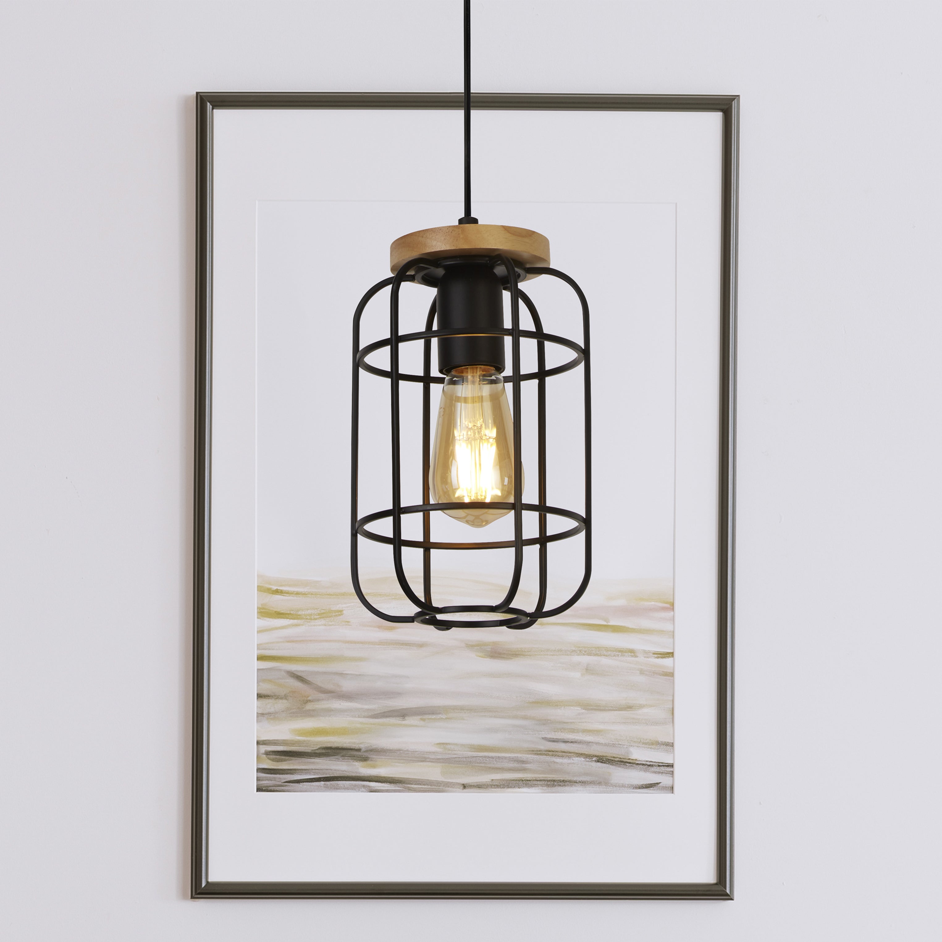 Searchlight Vision Black & Wood Cage Pendant