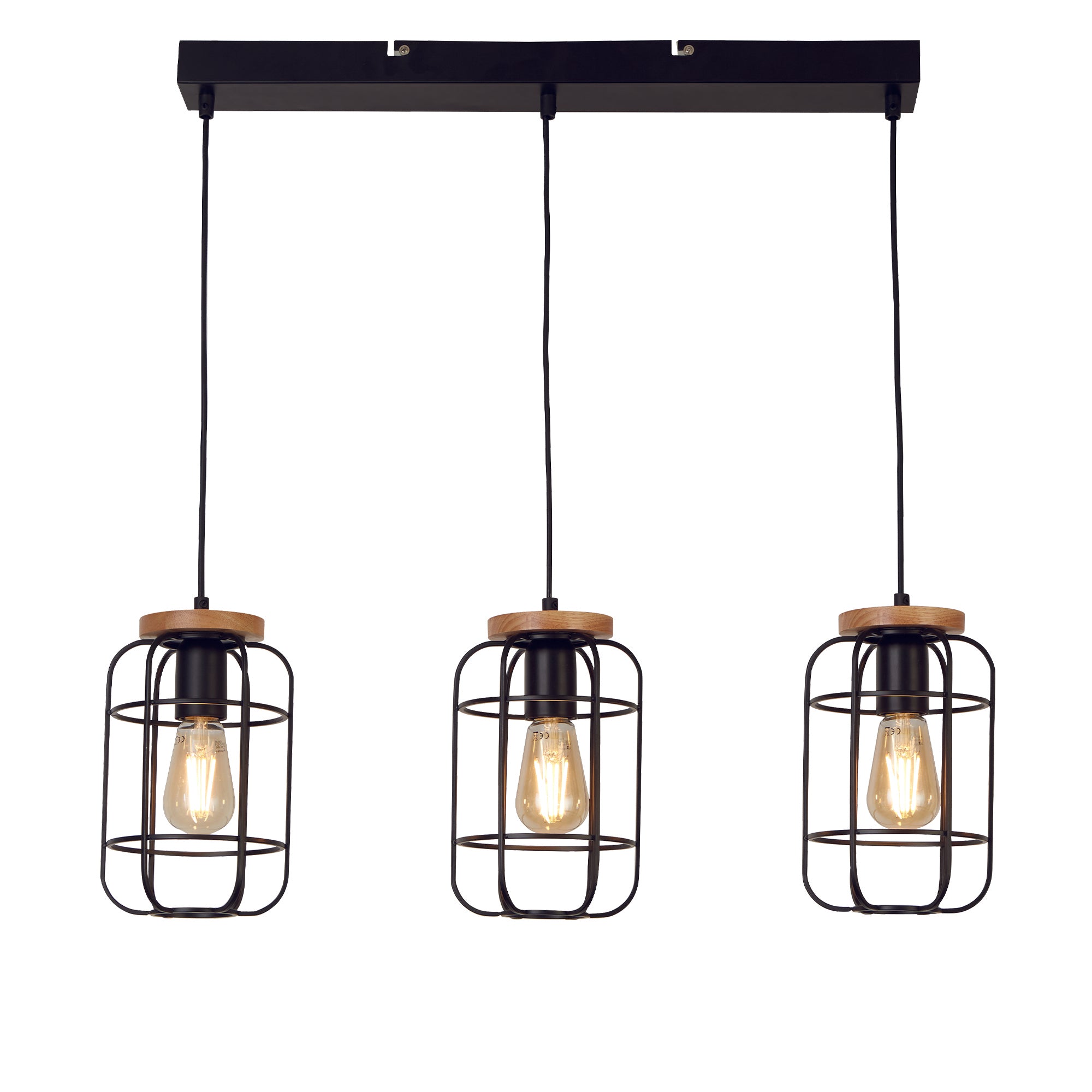 Searchlight Vision 3 Light Black & Wood Cage Pendant