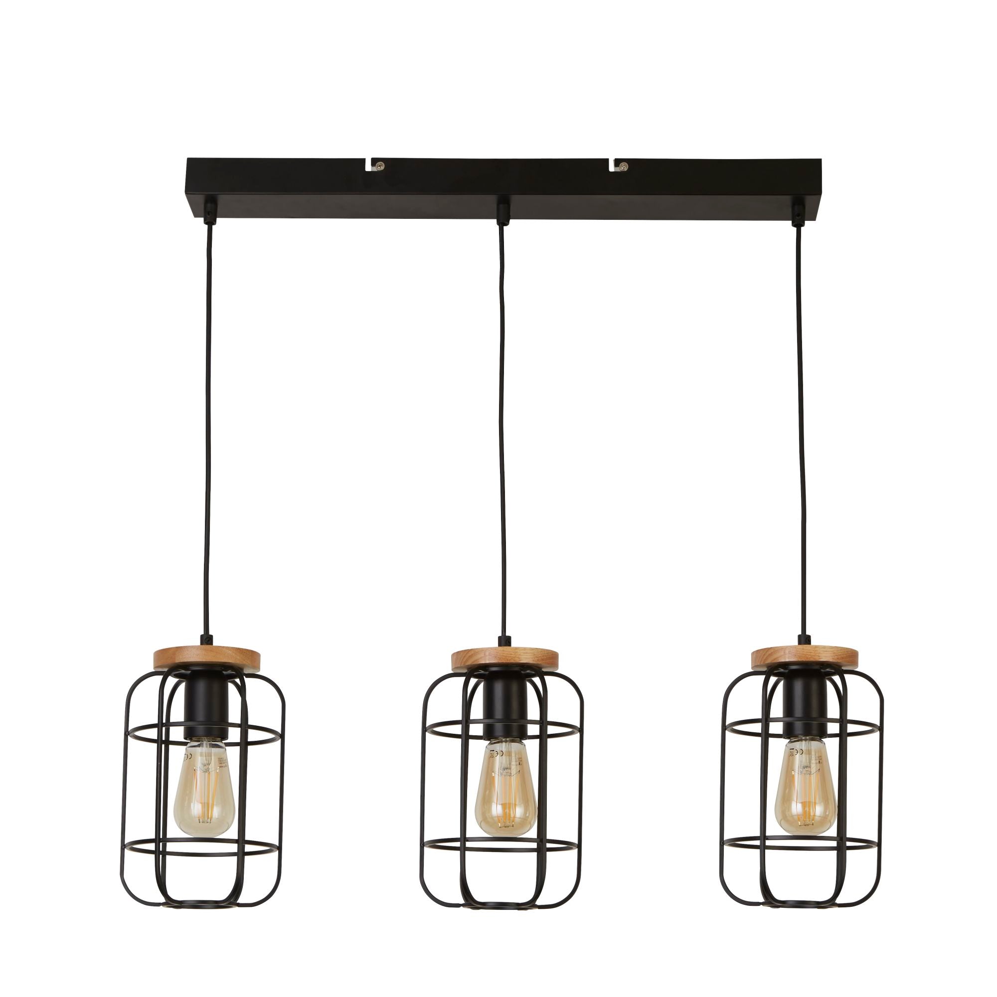 Searchlight Vision 3 Light Black & Wood Cage Pendant