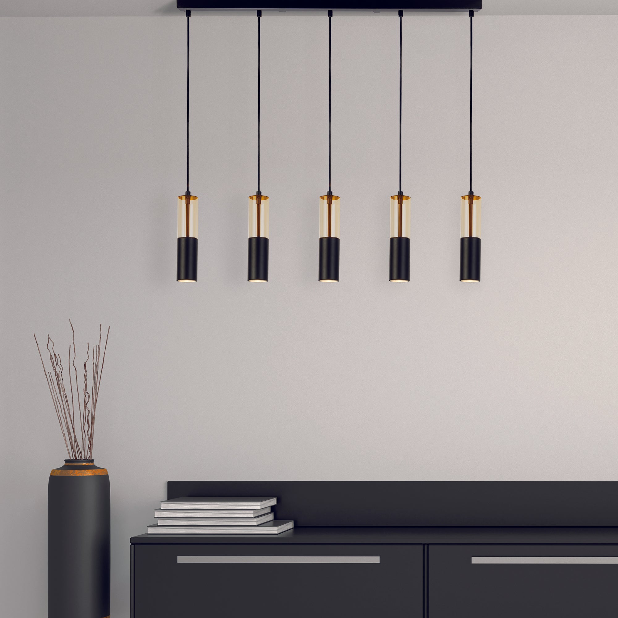 Searchlight Merrygold 5 Light Black & Amber Bar Pendant