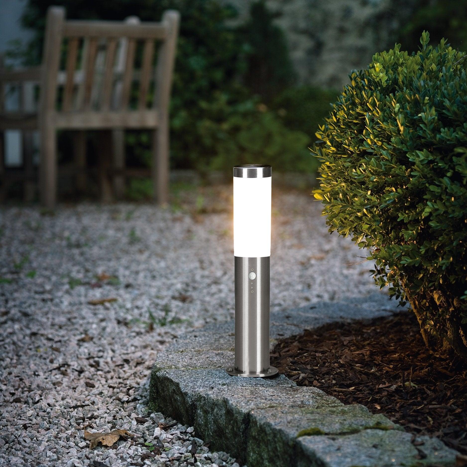 eglo helsinki stainless steel ip44 outdoor bollard with pir sensor 45cm