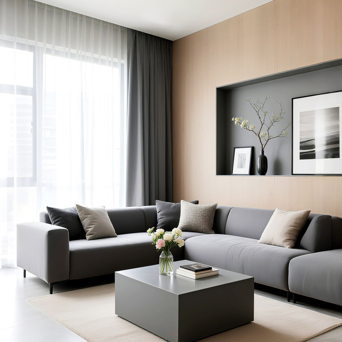 Minimal living room with grey corner sofa, wood panel wall and low table suiting the Fence light