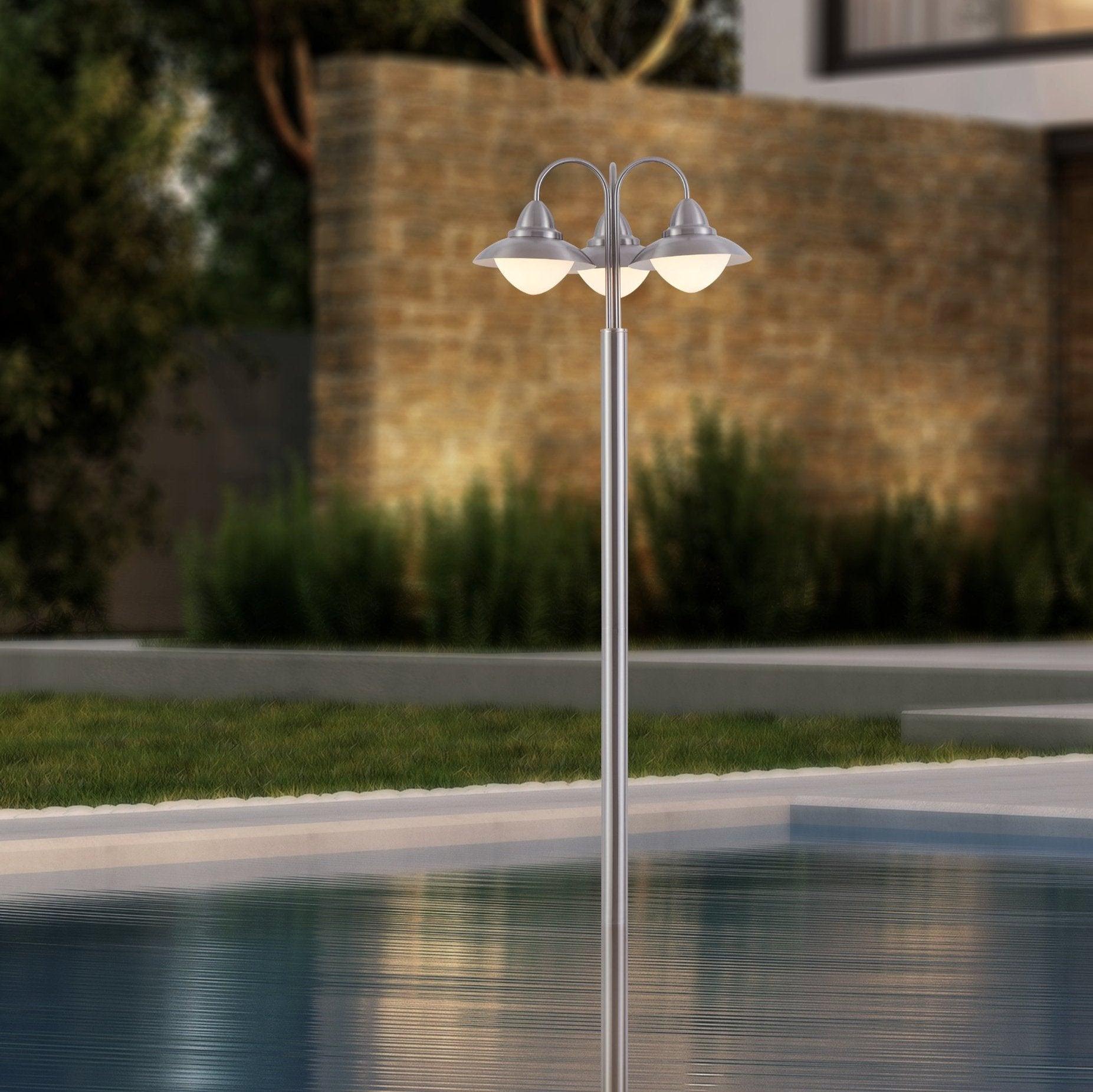 eglo sidney silver 3 light ip44 outdoor lamp post opal glass shades