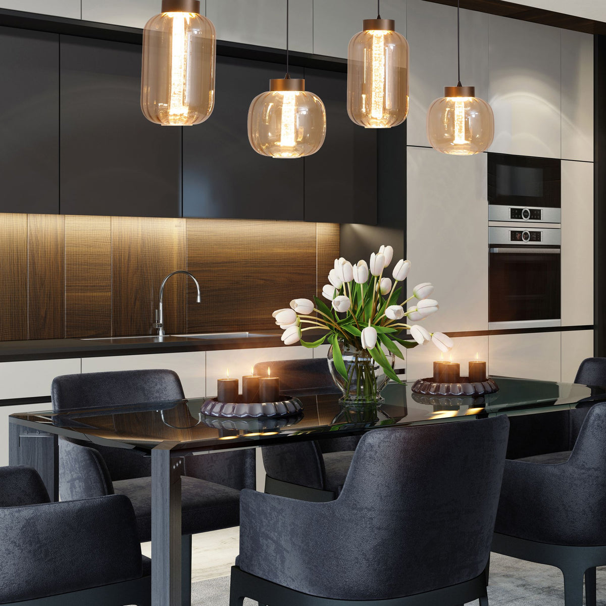 Lille amber pendants above a dark glass dining table with velvet chairs in a walnut kitchen