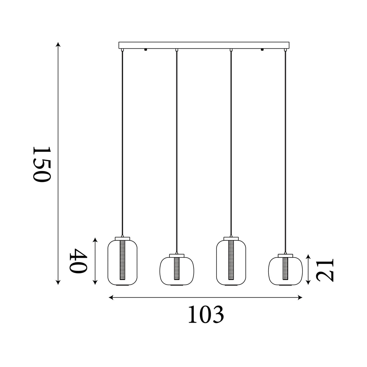 Dimension diagram of the Lille, Latte Metal, LED Pendant - Amber Glass Shades with height and width in cm.