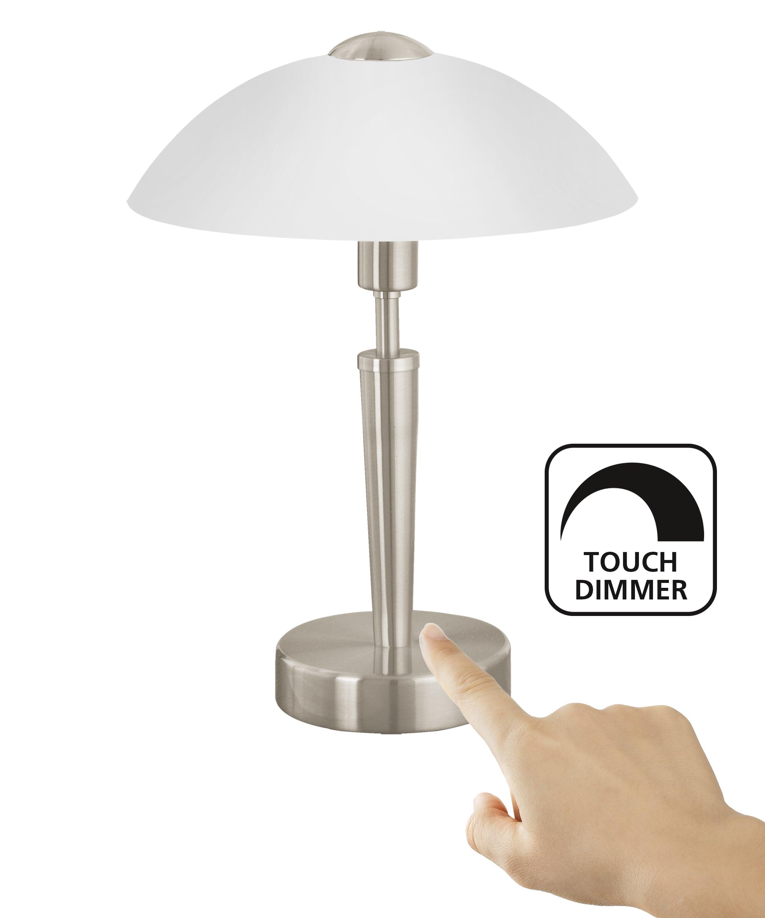 eglo solo 1 nickel touch table lamp satin glass shade living room close up