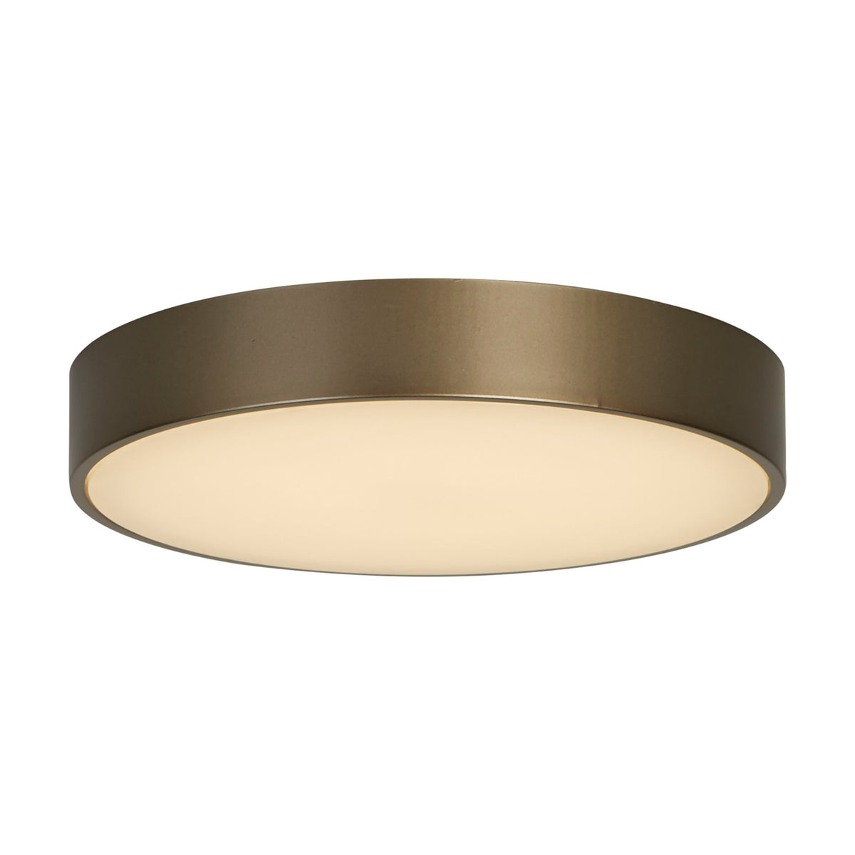Palma bronze flush ceiling light glowing warm through its deep opal drum diffuser