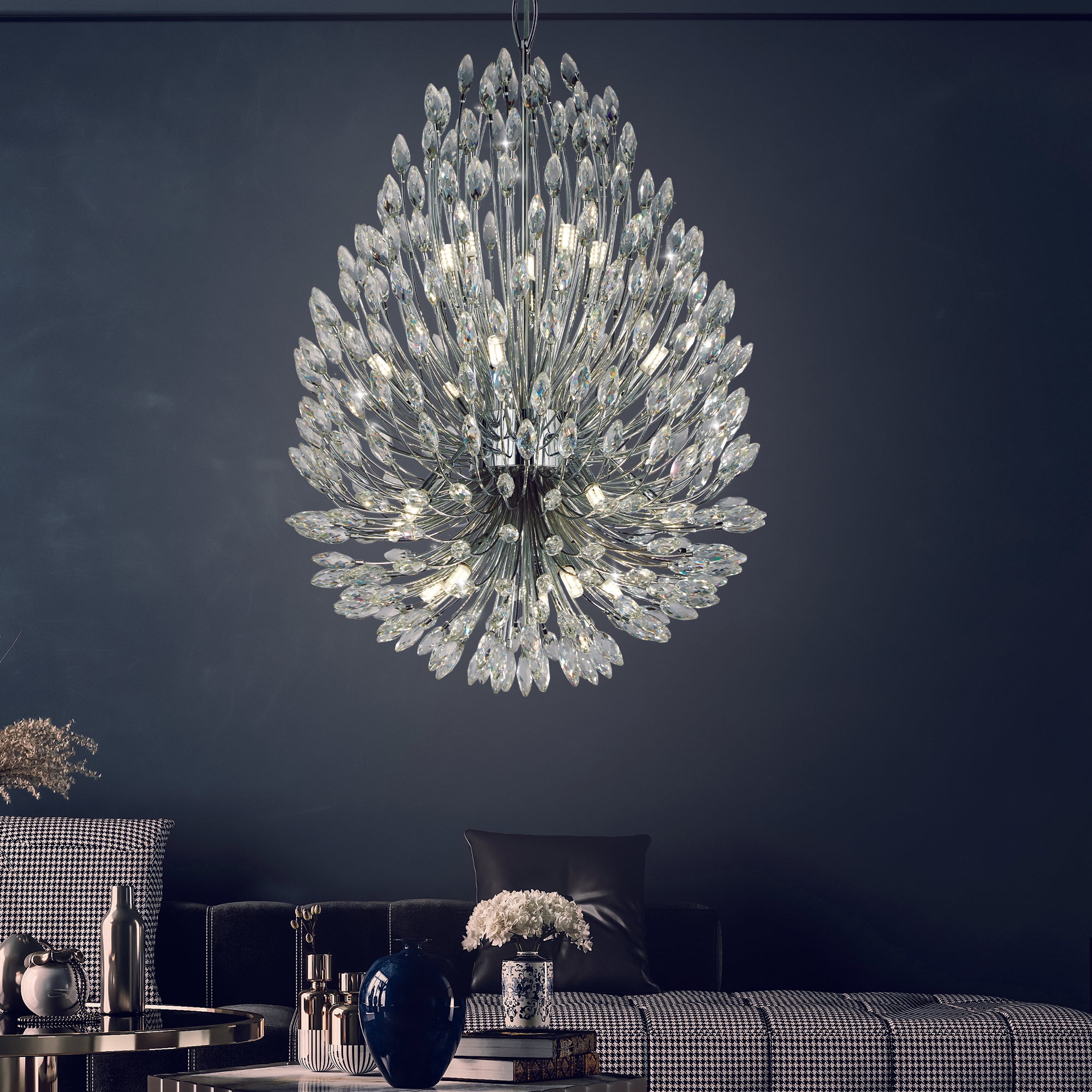 Searchlight Peacock 20 Light Chrome & Crystal Pendant