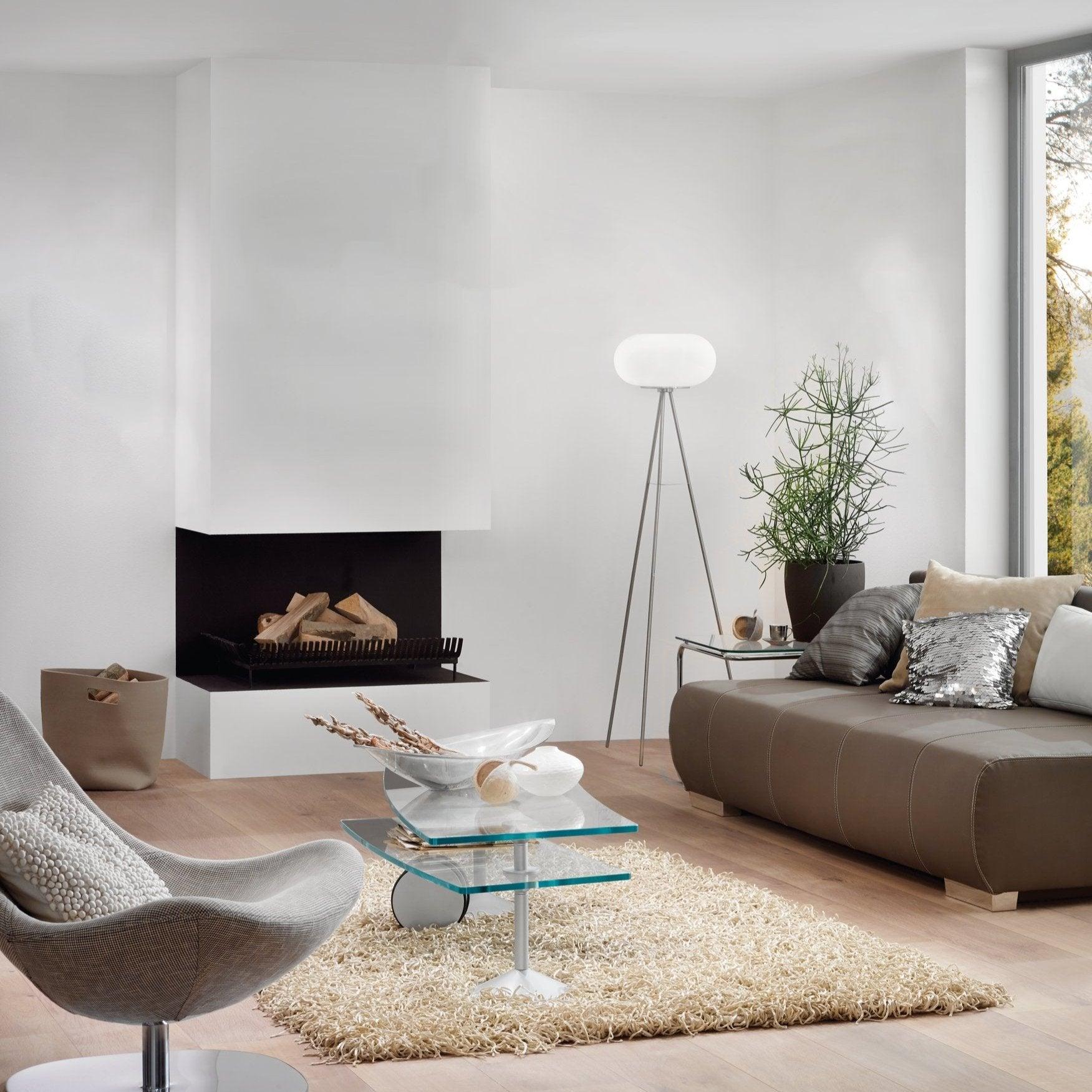 eglo optica nickel tripod floor lamp with opal white glass shade living room image