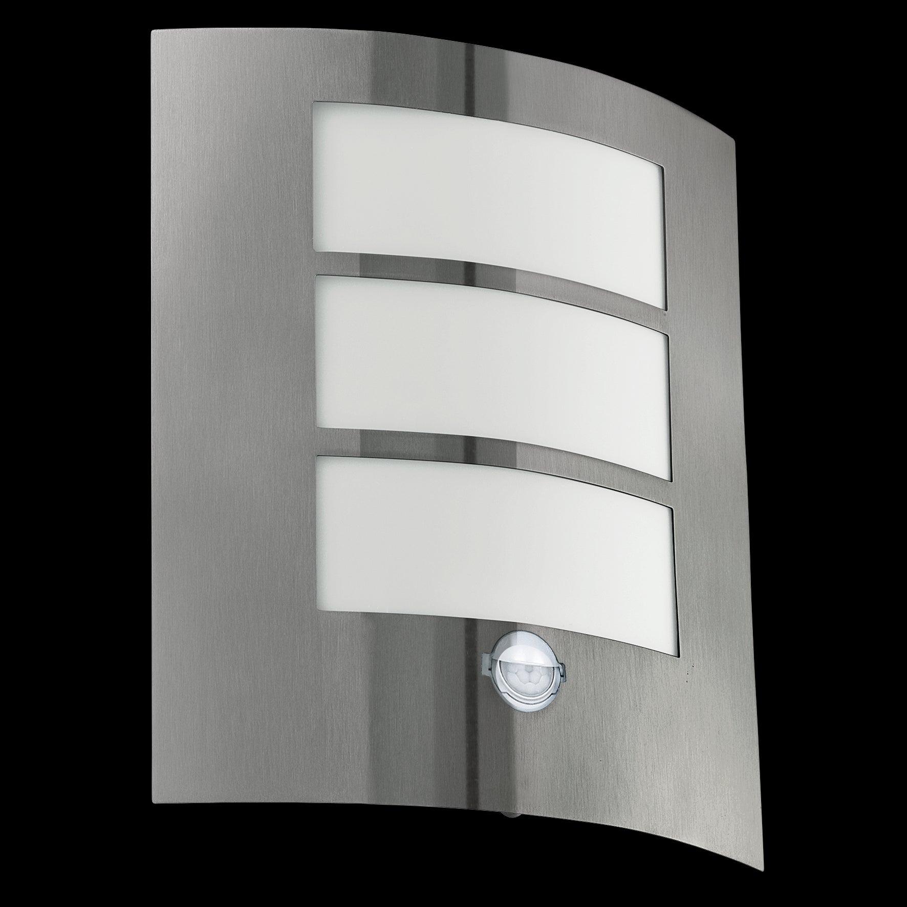 eglo city ip44 curved pir stainless steel outdoor wall light living room close up