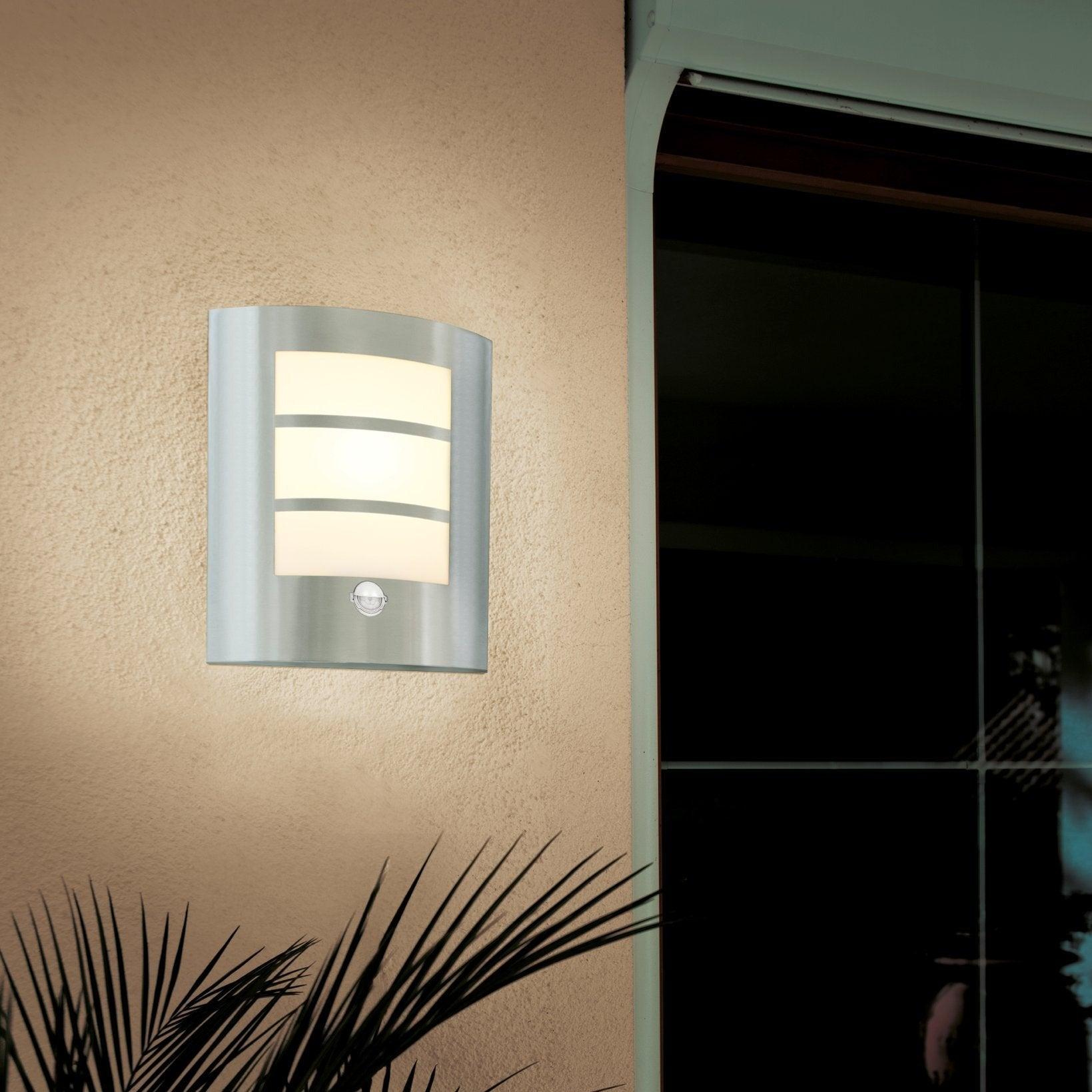 eglo city ip44 curved pir stainless steel outdoor wall light bedroom lighting close up