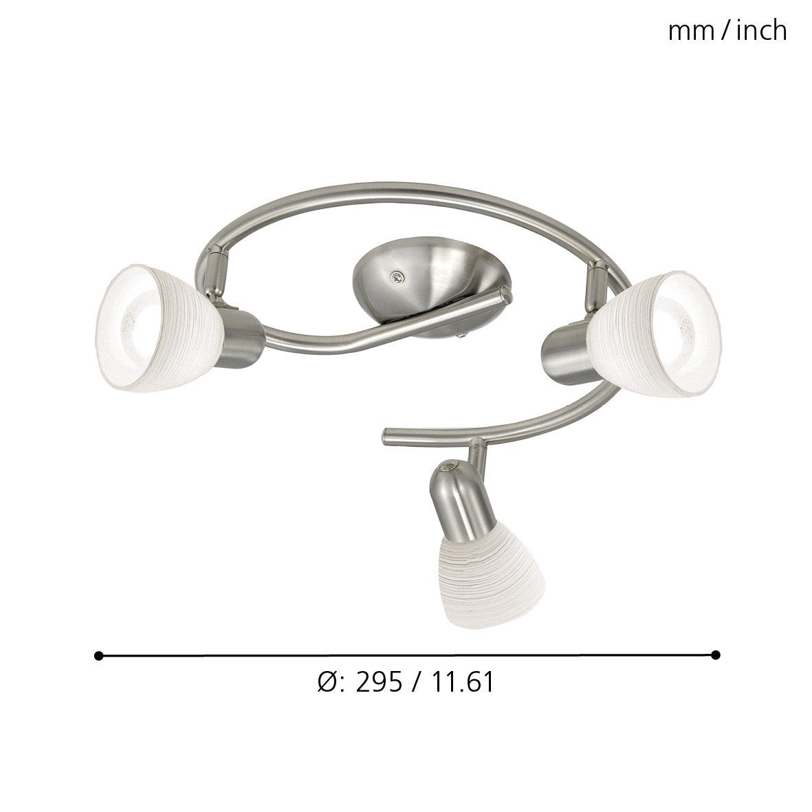eglo dakar 1 nickel white glass 3 light spotlight living room close up