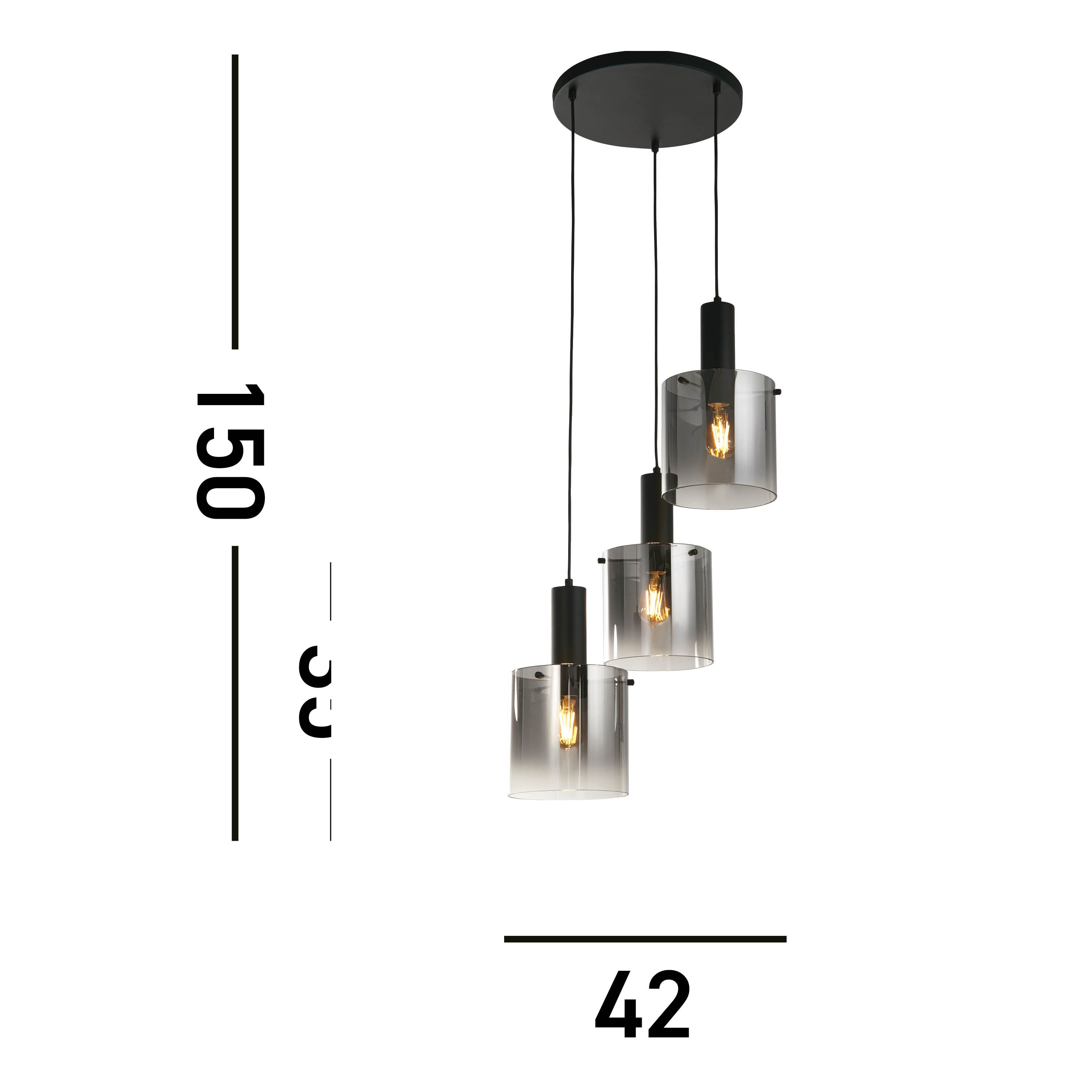 Searchlight Sweden 3 Light Multi-Drop Black Pendant - Smoked Ombre Glass Shade