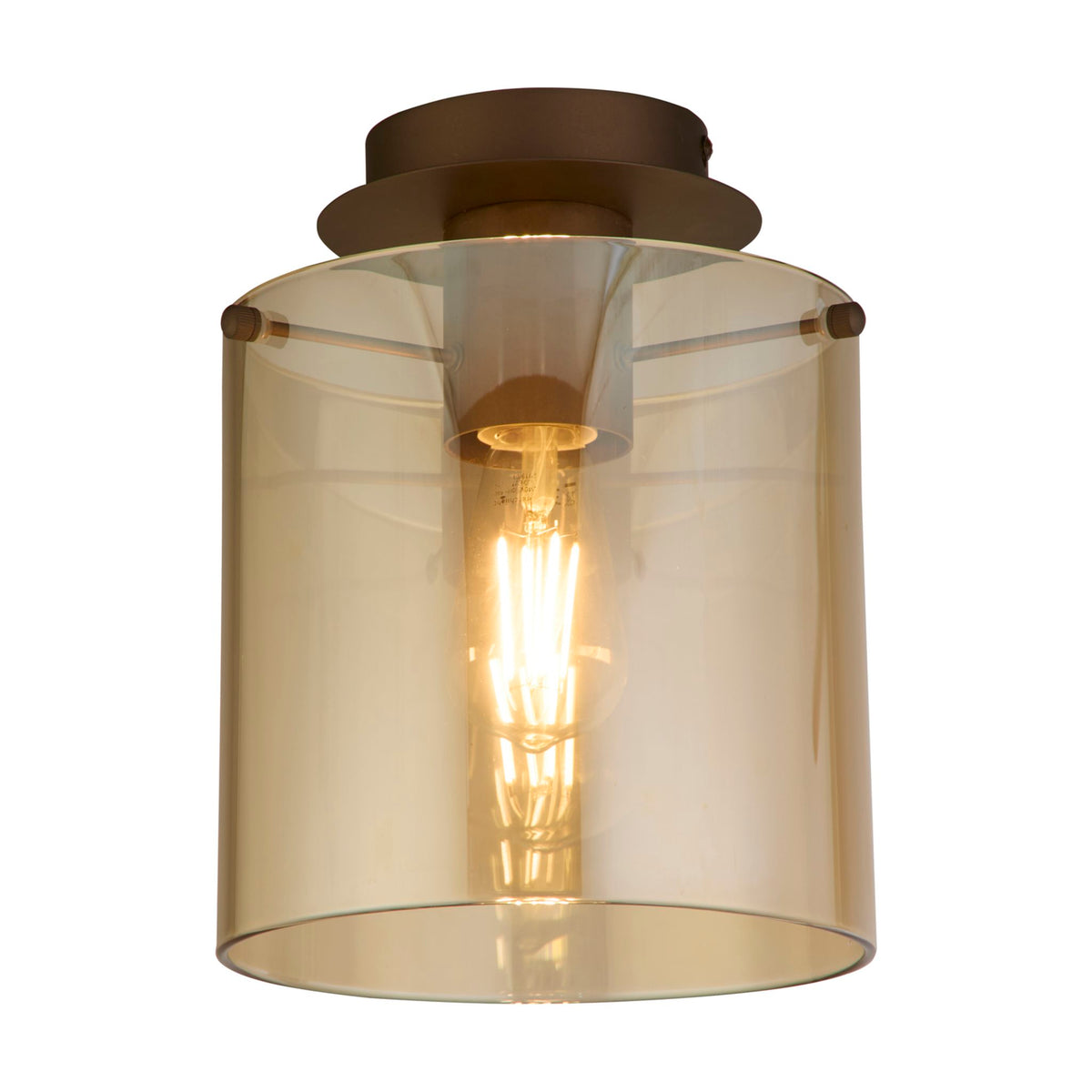 Sweden flush ceiling light lit, mocha plate with amber glass cylinder and filament bulb