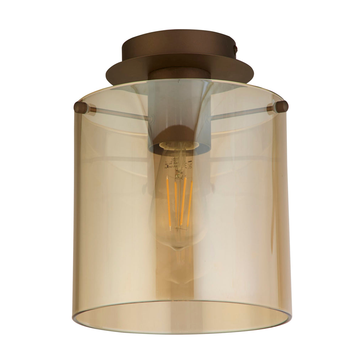 Sweden mocha flush ceiling light unlit on white with clear amber glass cylinder shade