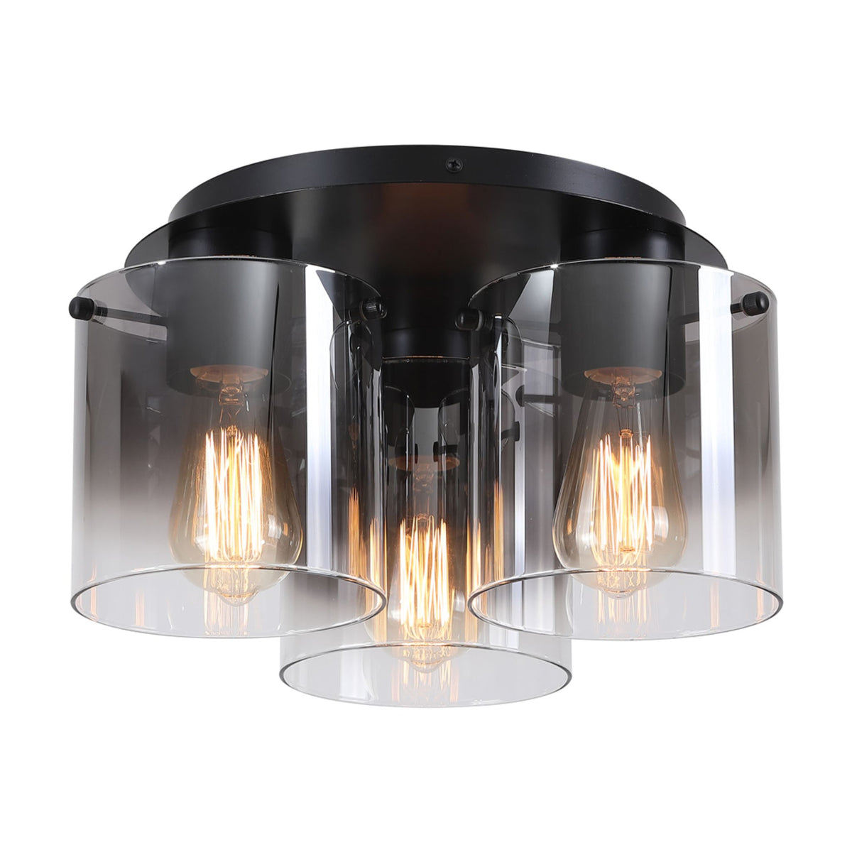 Sweden 3-light matt black flush ceiling light lit with smoked glass cylinders and amber filament bulbs