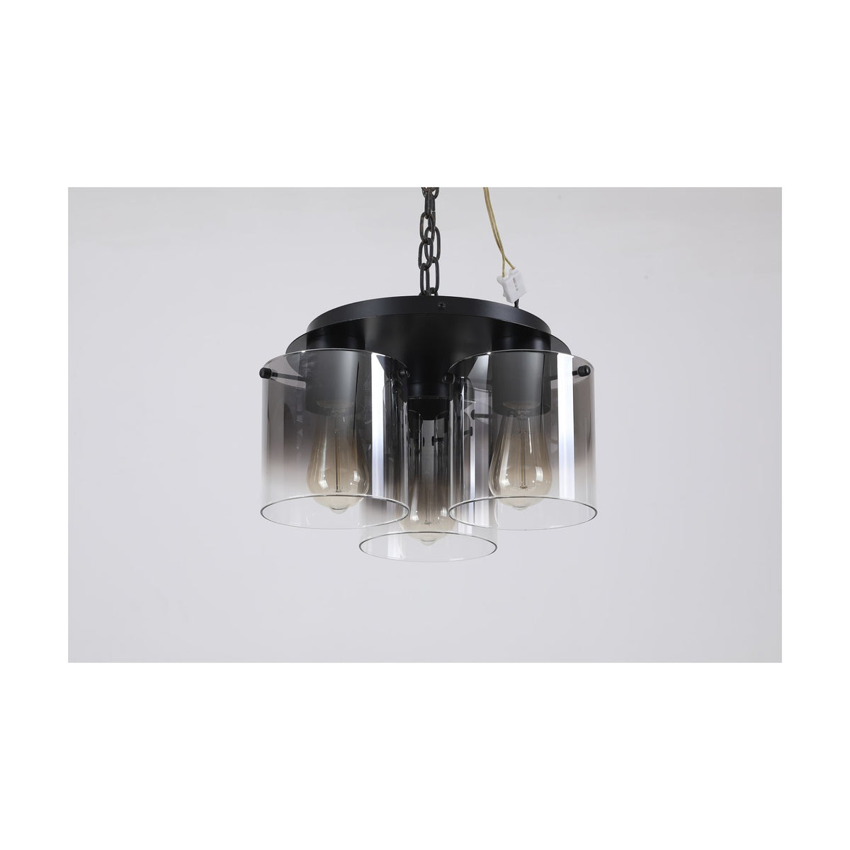 Sweden matt black 3-light flush ceiling light unlit on white with smoked glass cylinder shades