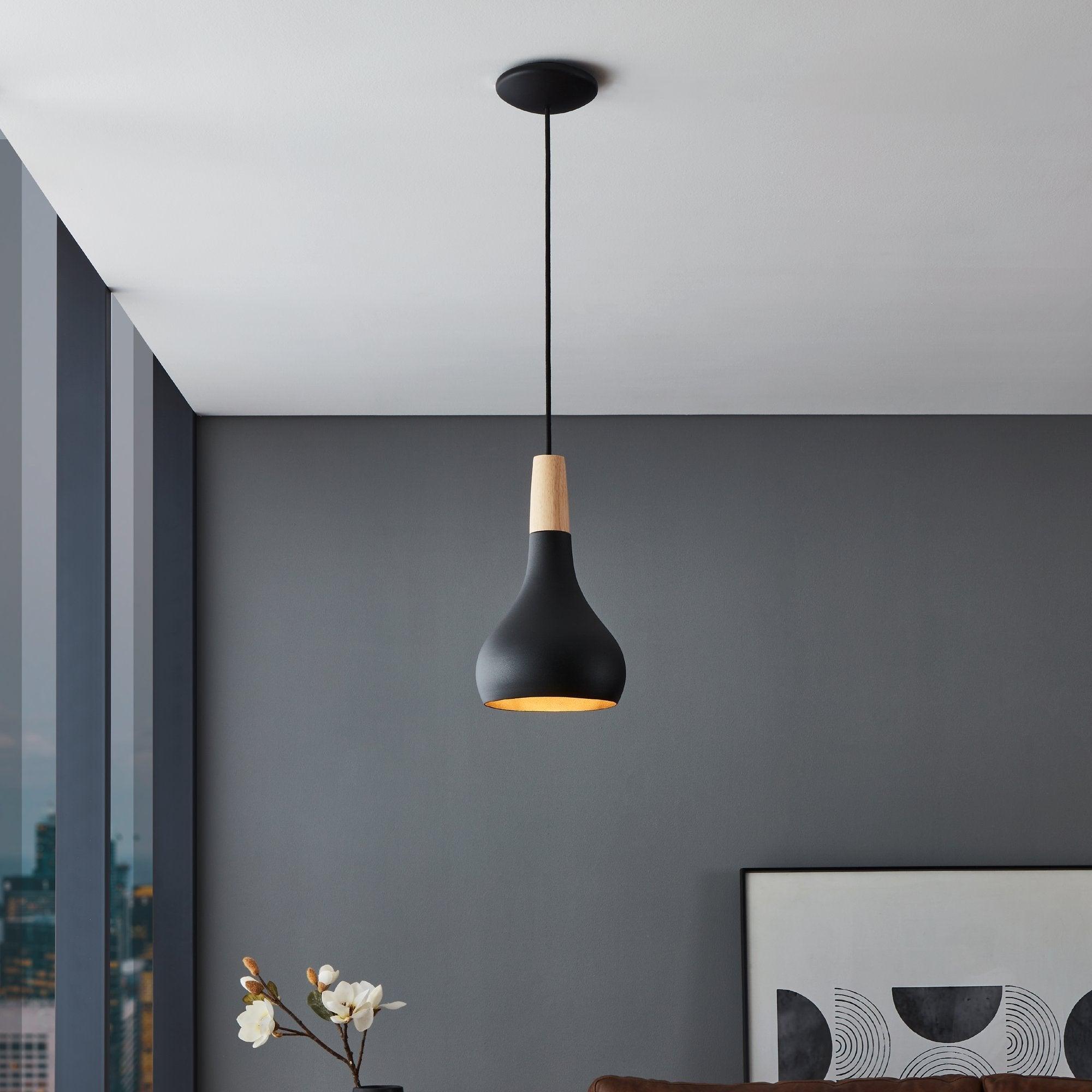 eglo sabinar black metal wood curved ceiling pendant