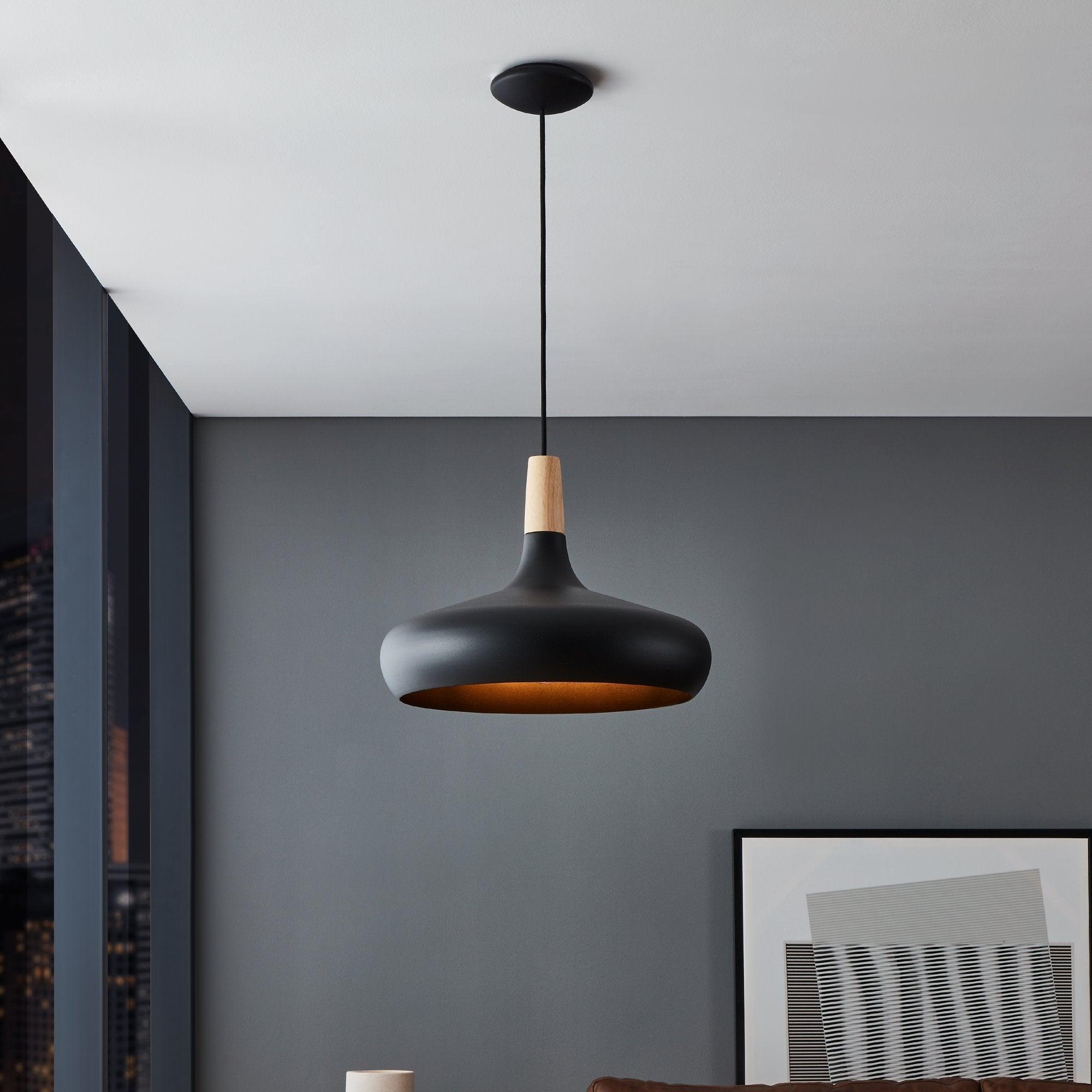 eglo sabinar black metal wood lampshade pendant 40cm