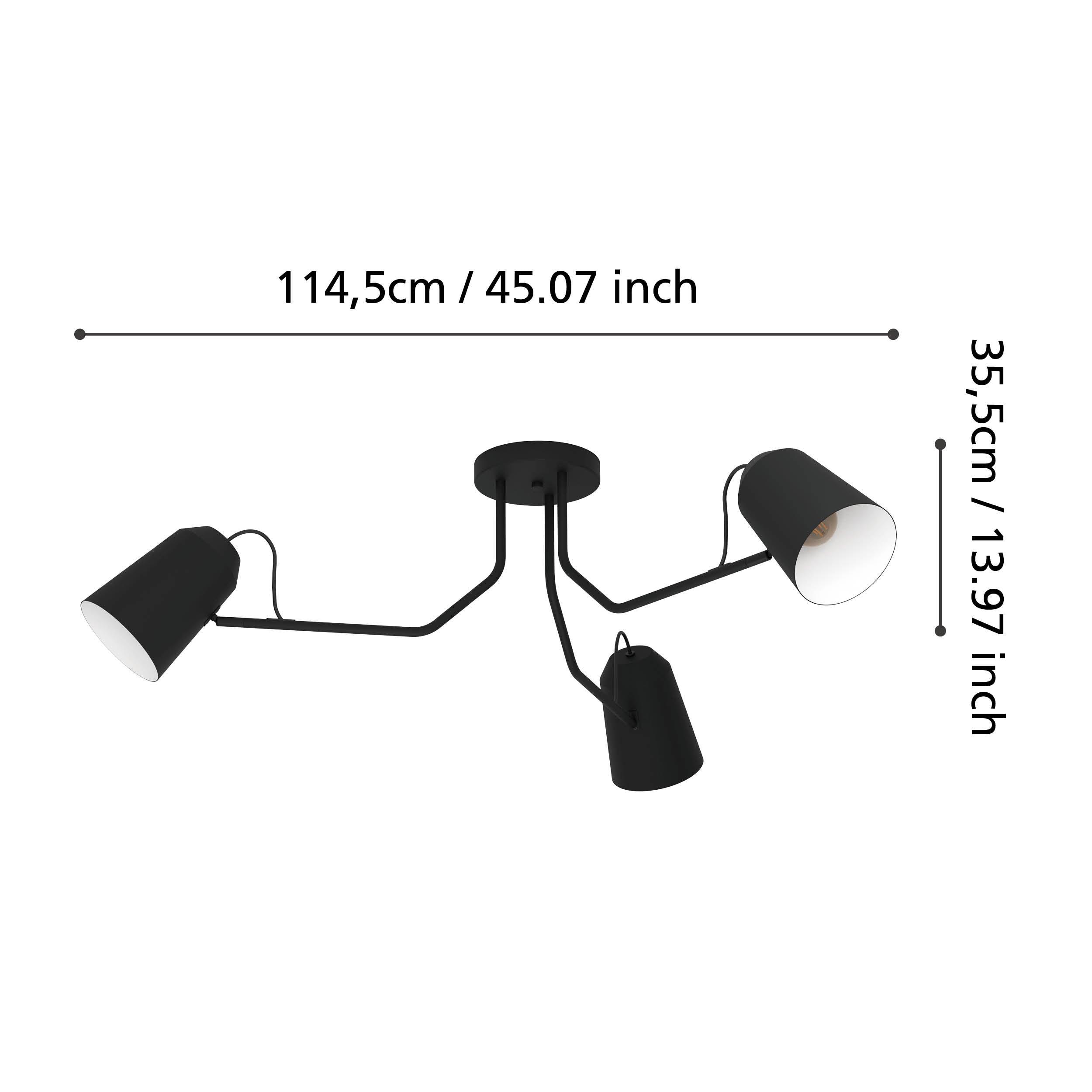 eglo loreto black metal 3 arm adjustable ceiling flush living room close up