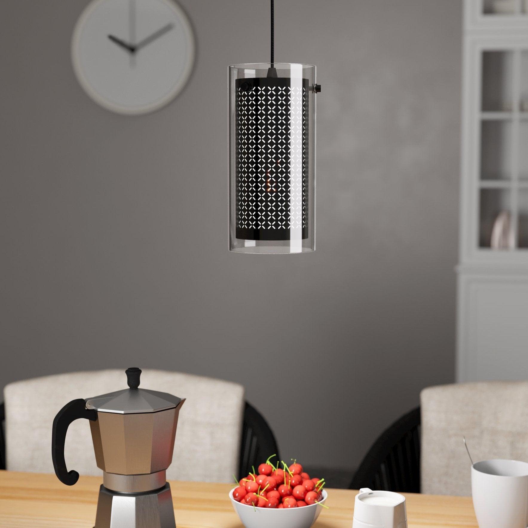eglo pinto textil 1 cylindrical glass black fabric pendant living room image