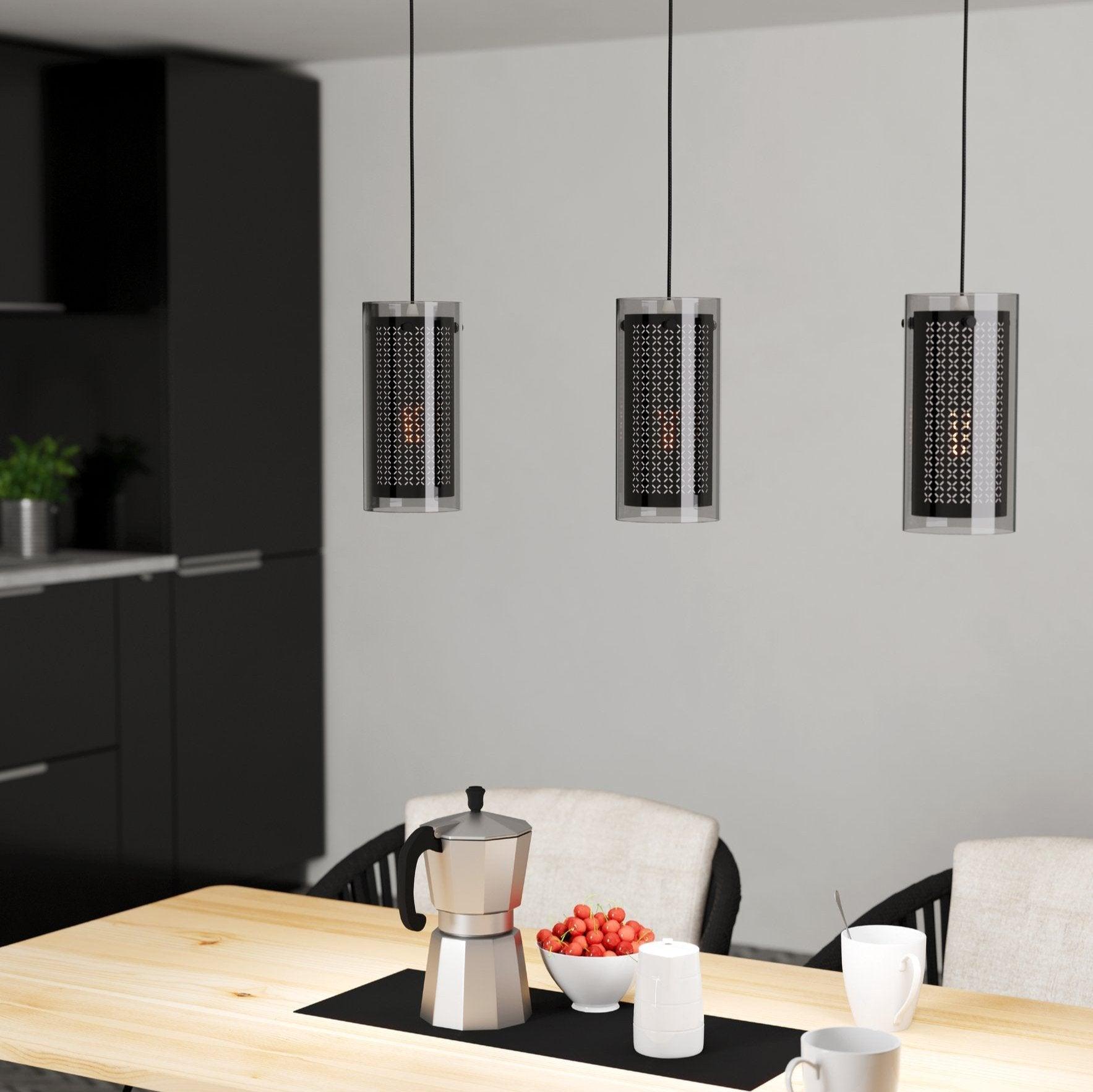 eglo pinto textil 1 3 light cylindrical glass black fabric pendant living room image