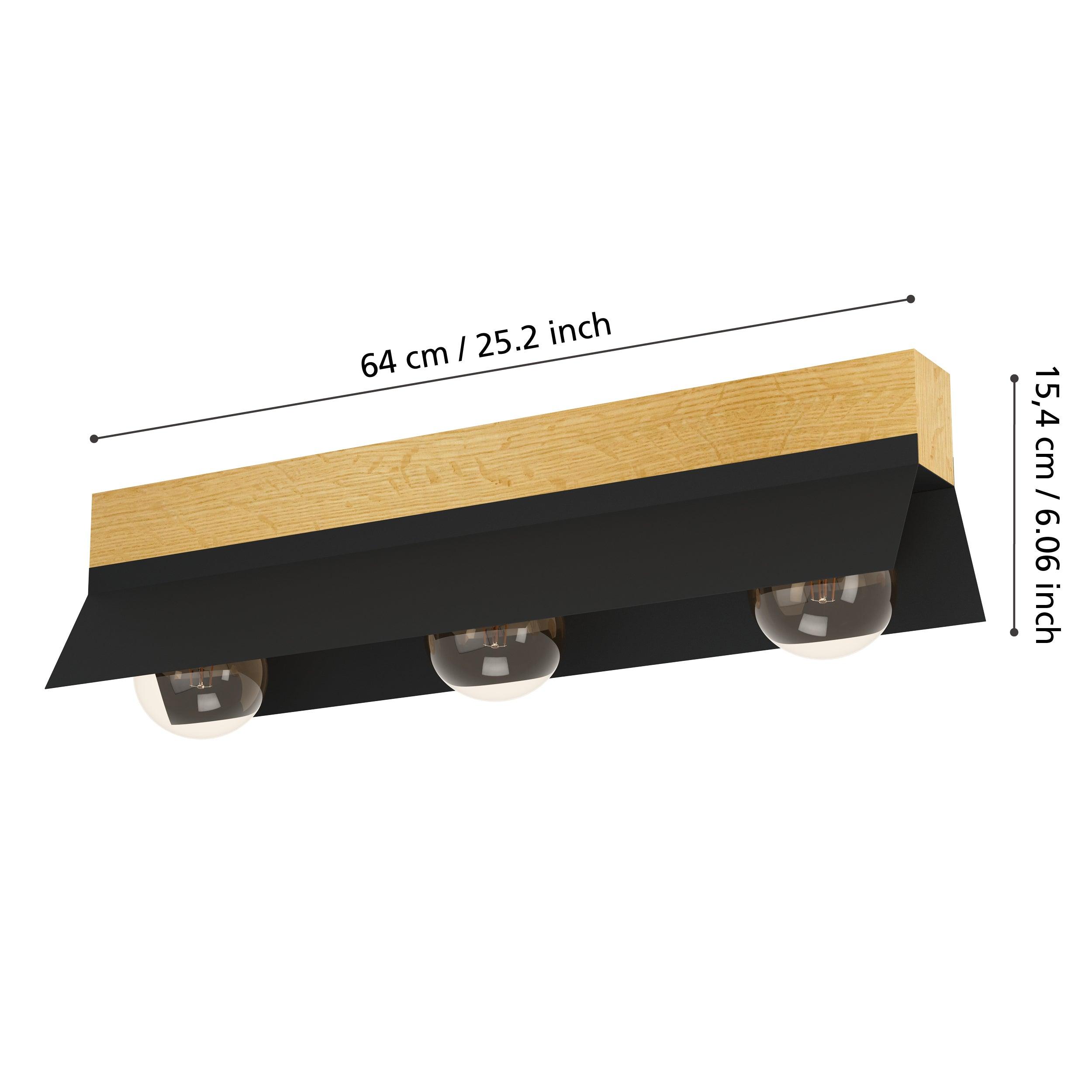 eglo tarrafo black wooden bar 3 light ceiling flush living room close up