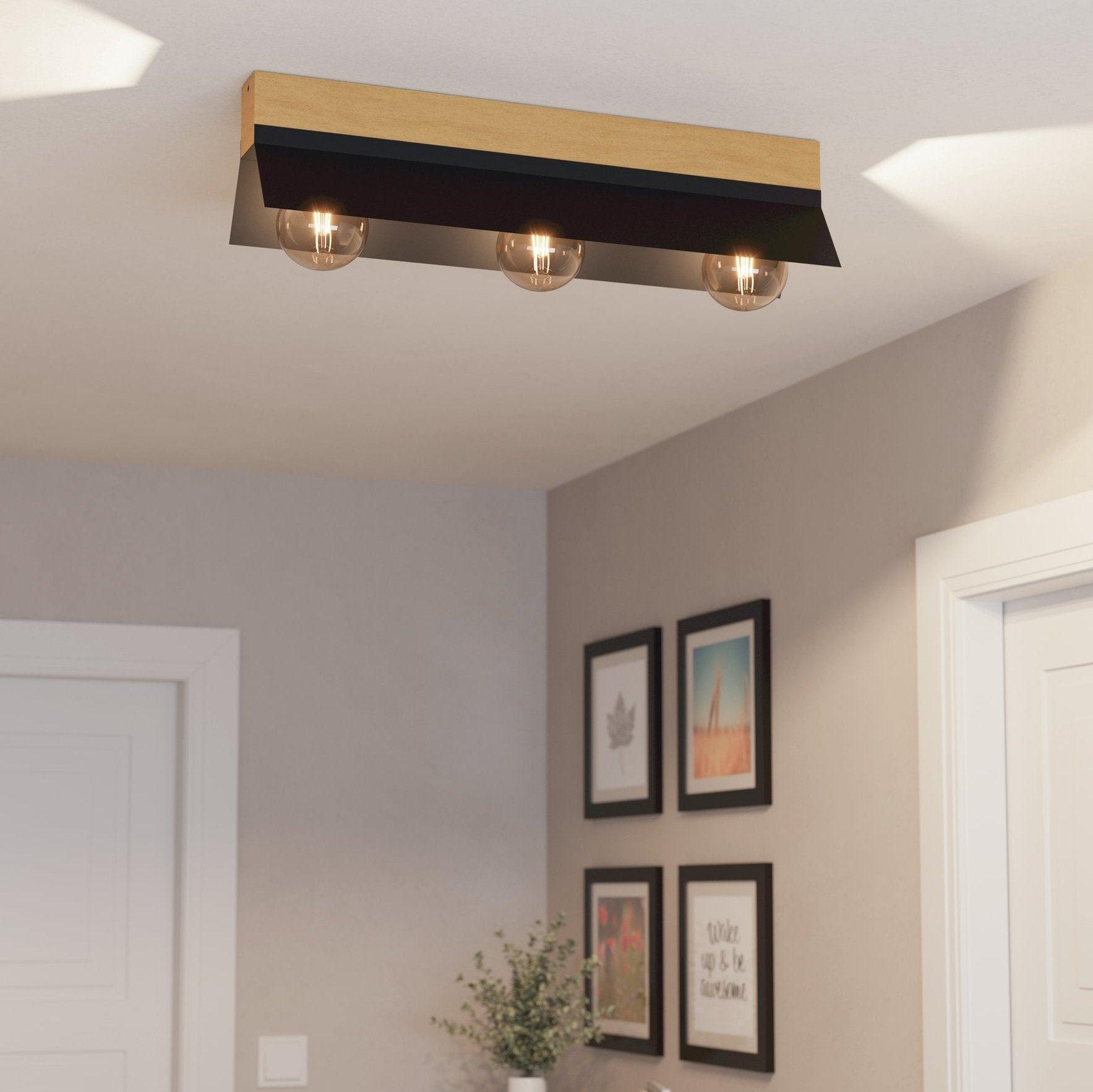 eglo tarrafo black wooden bar 3 light ceiling flush
