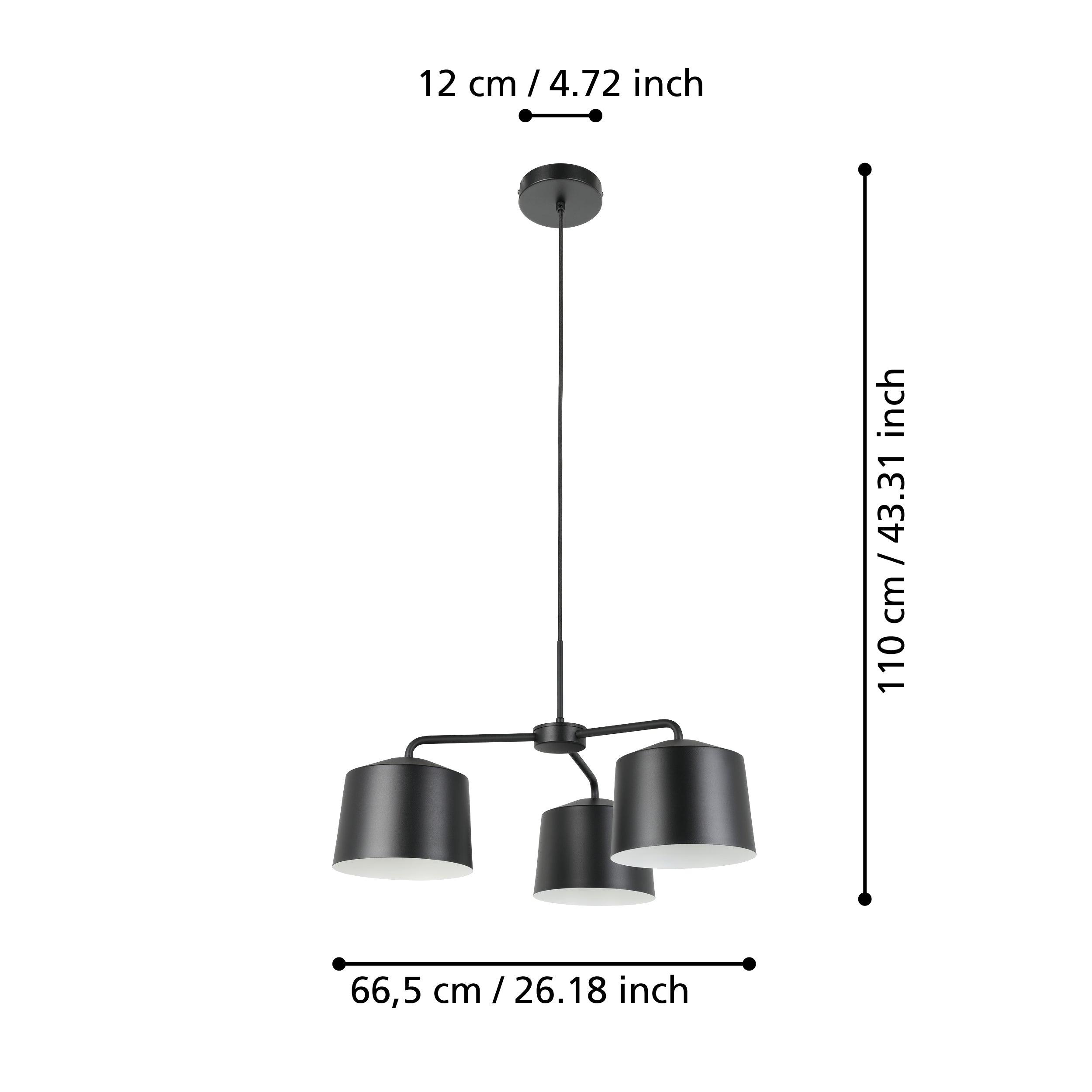 eglo caguanes 3 light black white fabric shade pendant living room close up