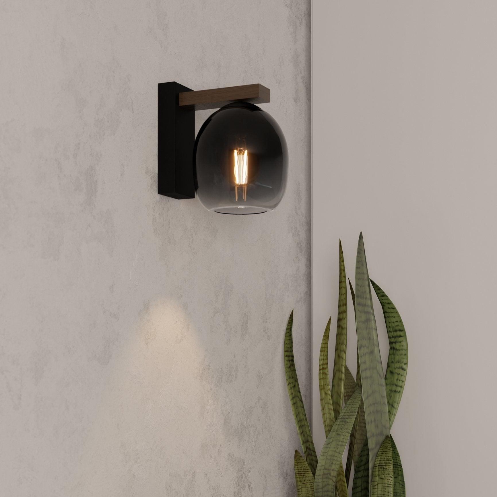 eglo filago black wood wall light glass shade