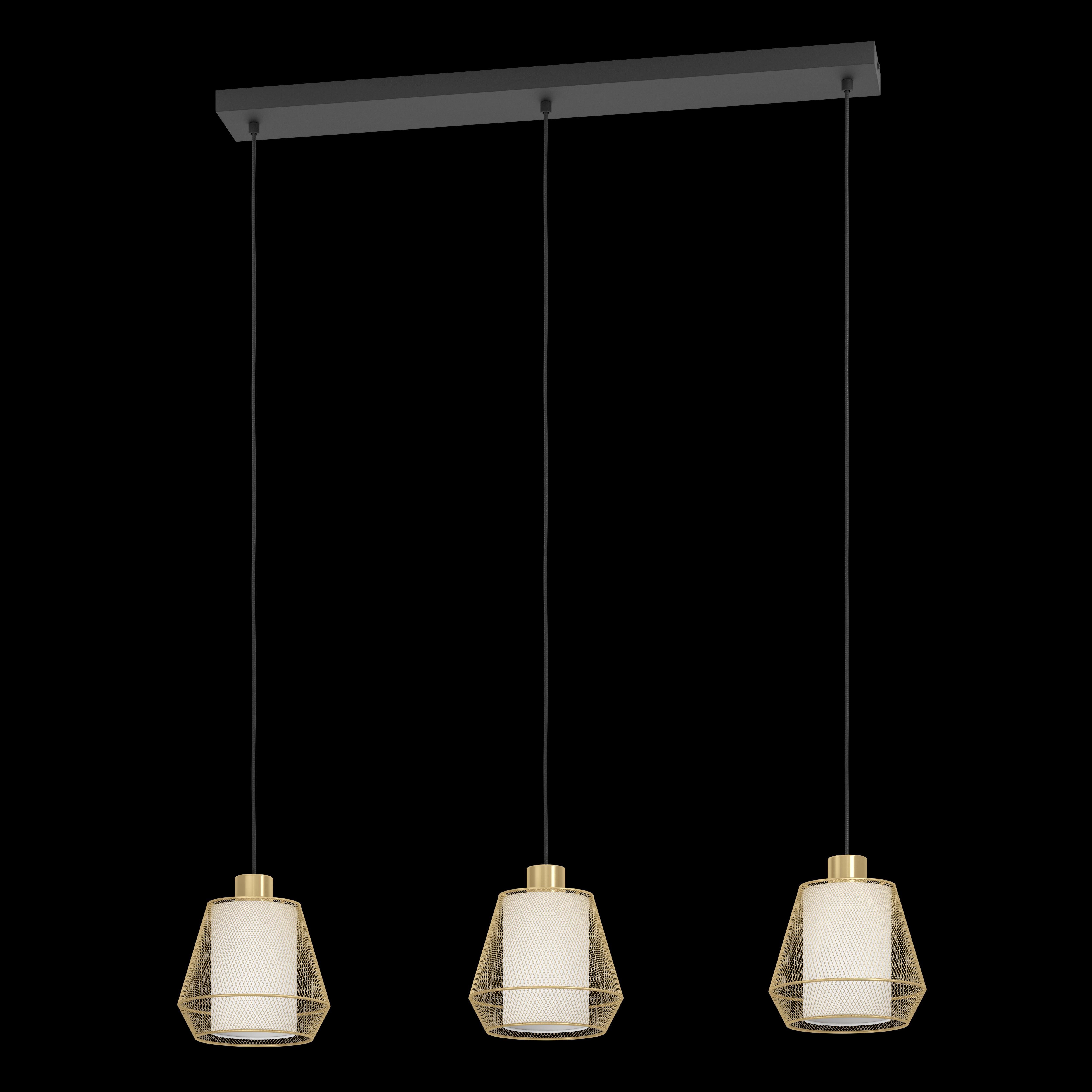 eglo ciudadela 3 light brass wire white fabric pendant living room close up