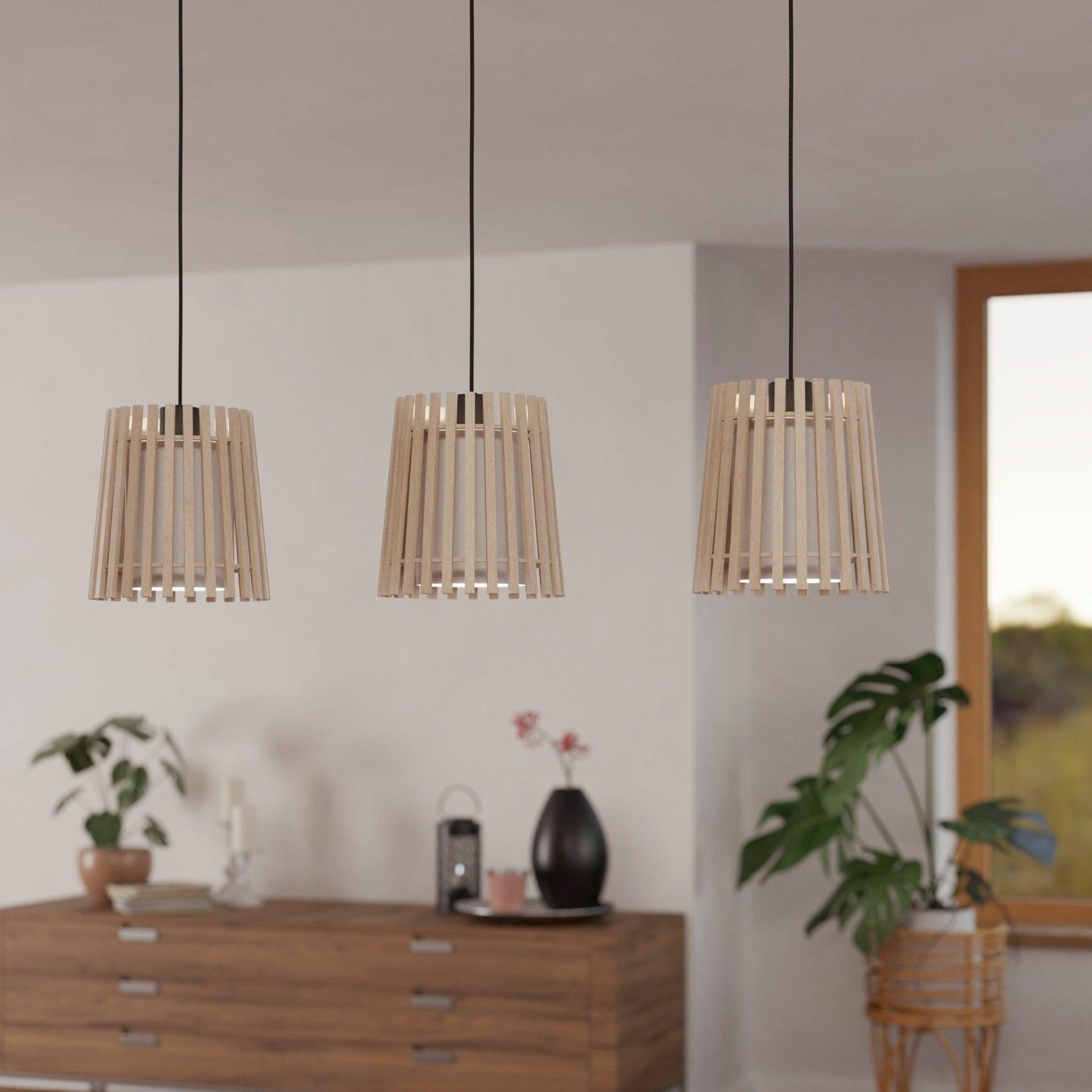 eglo fattoria 3 light wood slat fabric ceiling pendant