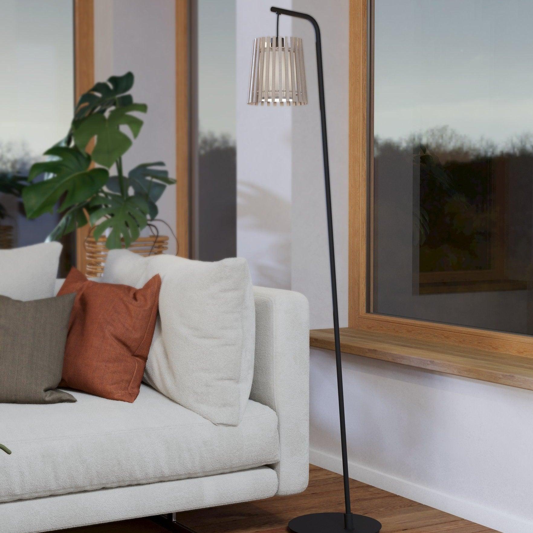 eglo fattoria black floor lamp with a wooden fabric shade