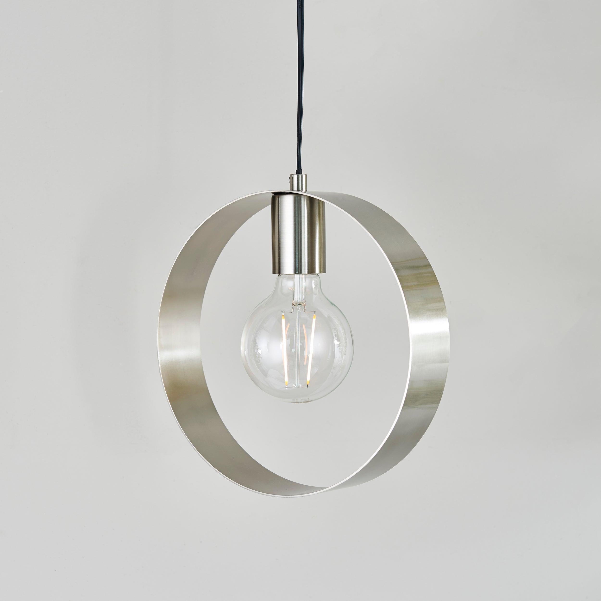 Endon Hoop 1 Light Nickel Ceiling Pendant-Ceiling Pendant Lights-Endon Lighting living room close. up unlit Tiffany Lighting Direct