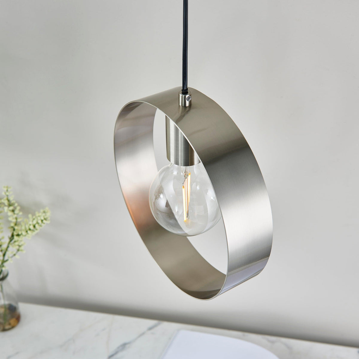 Endon Hoop 1 Light Nickel Ceiling Pendant-warehouse-180926
