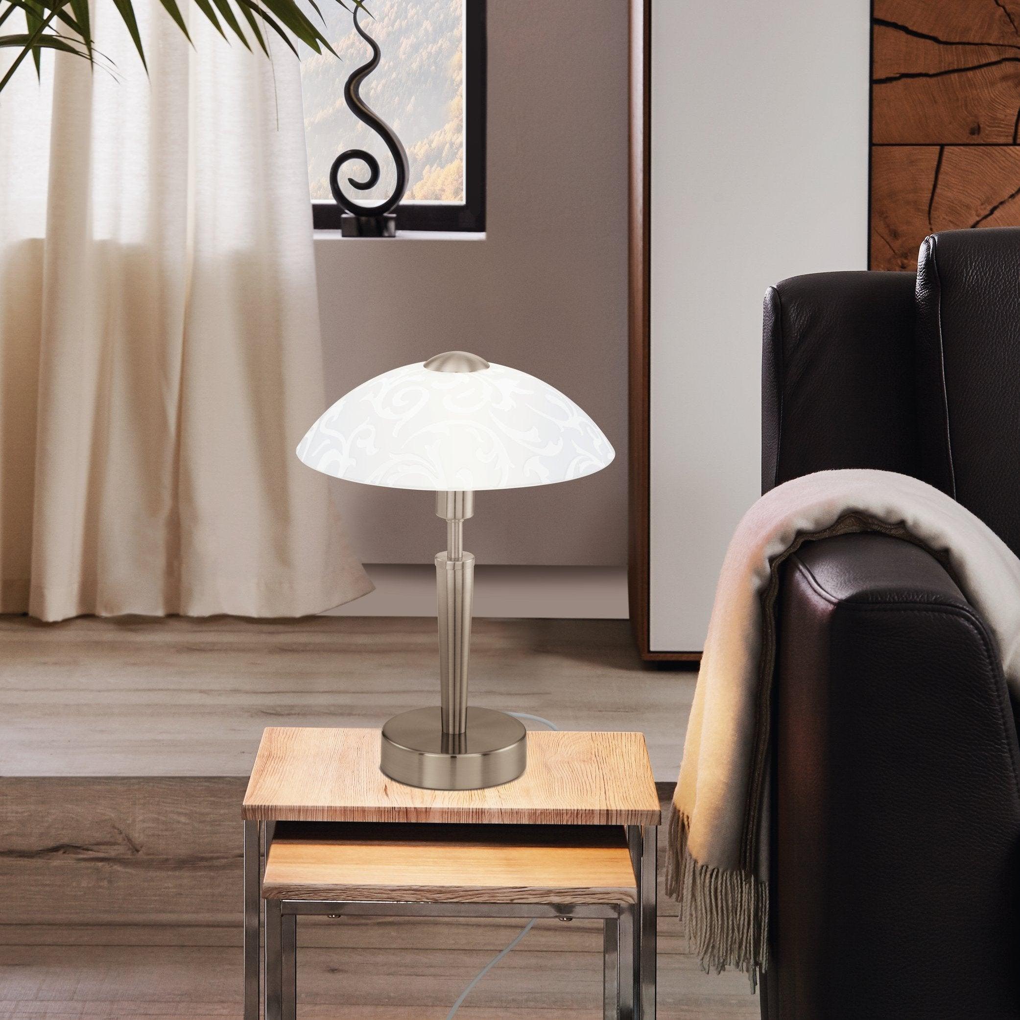 eglo solo nickel touch table lamp satin glass shade