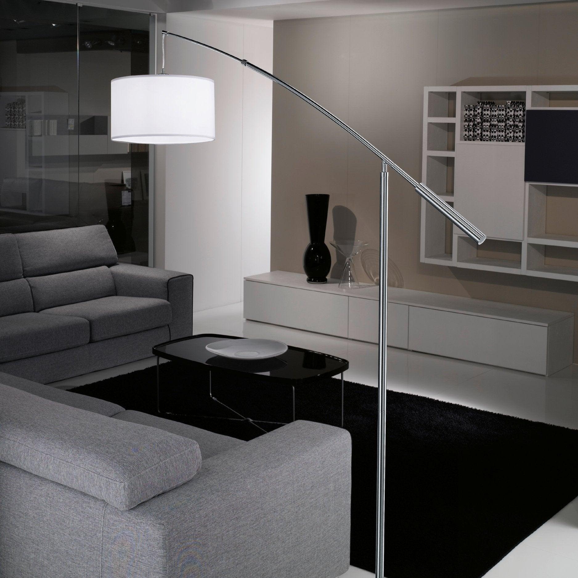 eglo nadina nickel boom arm floor lamp with white fabric shade living room image