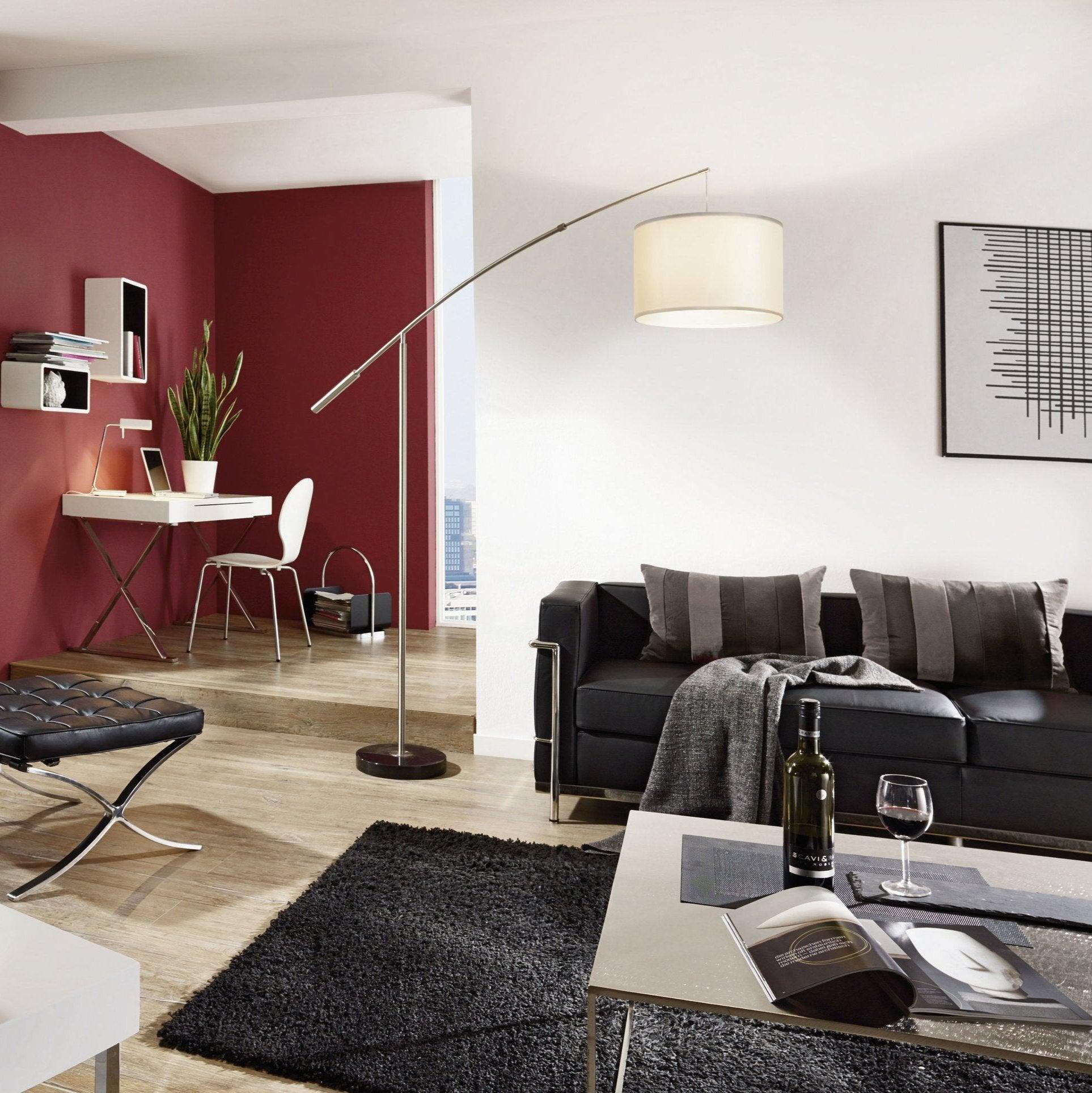 eglo nadina nickel boom arm floor lamp with white fabric shade living room close up