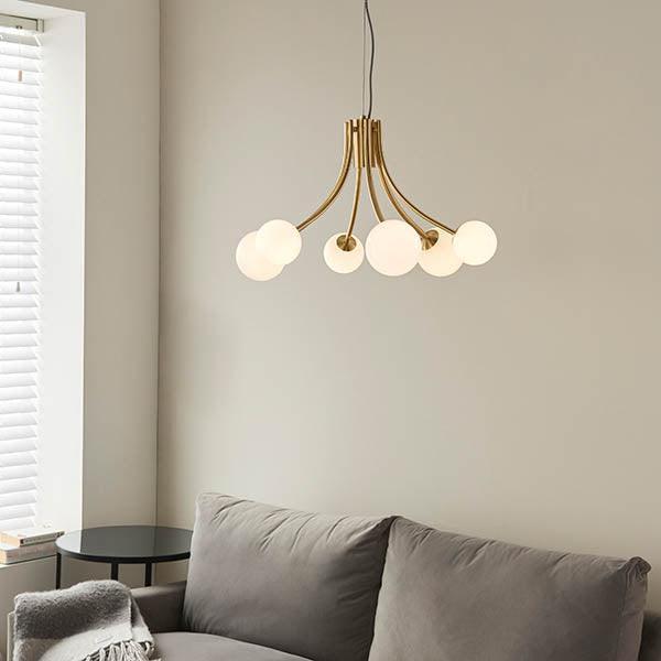 Endon Bloom Gold 6 light Ceiling Pendant Light - Opal Glass-Ceiling Pendant Lights-Endon Lighting Living Room Lighting Tiffany Lighting Direct