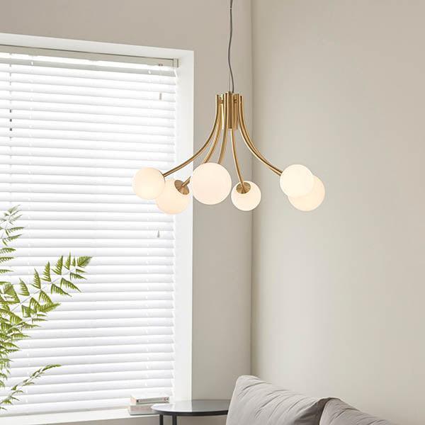 Endon Bloom Gold 6 light Ceiling Pendant Light - Opal Glass-Ceiling Pendant Lights-Endon Lighting Hallway Lighting Close upTiffany Lighting Direct
