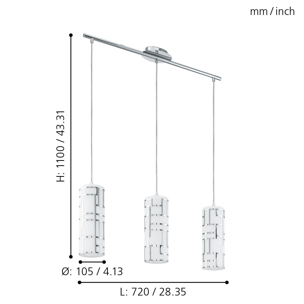 eglo bayman 3 light bar pendant chrome plates white glass shades kitchen lighting