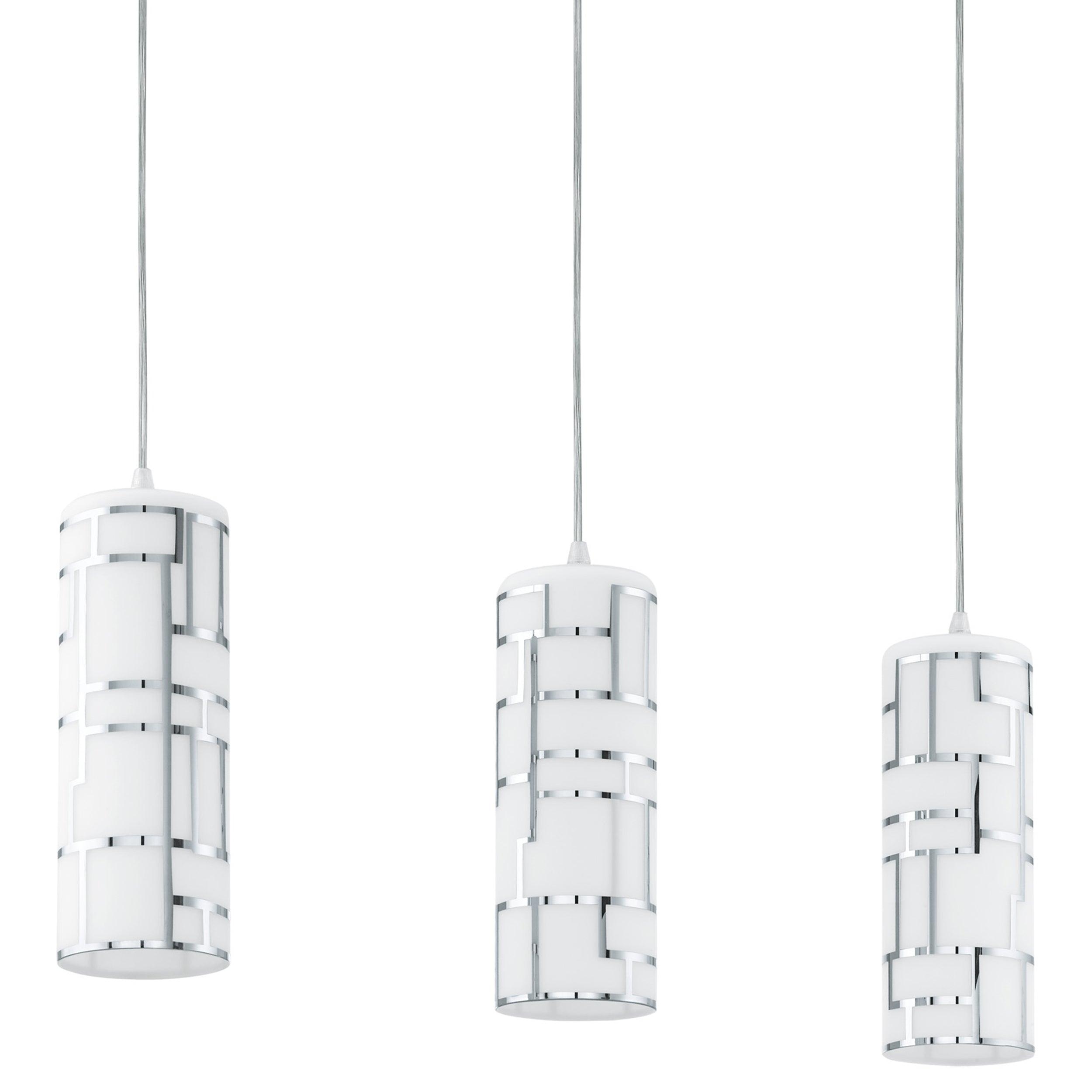 eglo bayman 3 light bar pendant chrome plates white glass shades hallway lighting